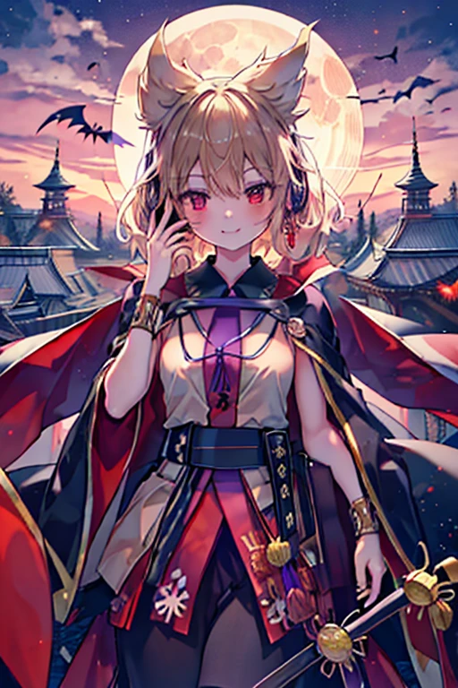 high quality、最high quality、High resolution,Toyosatomimi no Miko,Adult women,Earth Color Moon,Scary face,Laughing lightly,night（Pitch black）,pavilionのバルコニー,tall,Has vampire-like wings,Hands outstretched,pavilion,Purple Cape,Red Eyes,Red Sky