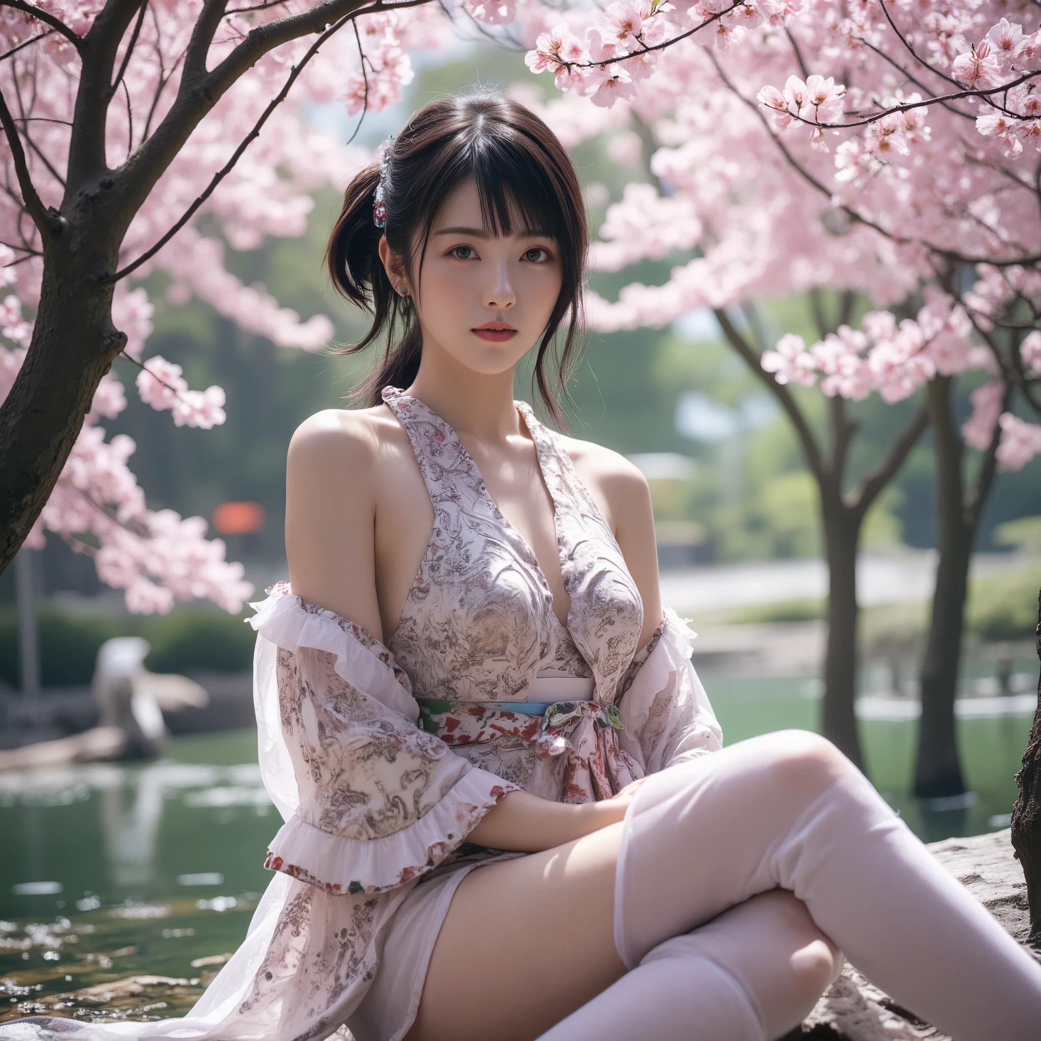 (UHD, masterpiece, anatomically correct, textured skin, super detail, best quality, highres, 8k, bloom, Front Light:1.2, Perfect dynamic composition)

1woman, solo, looking at viewer, blush,grin, bangs,black hair, hair ornament, sitting, closed mouth, full body, flower, outdoors, detached sleeves, japanese kimono, hair flower, kimono, water, white thighhighs, see-through, sash, petals, toes, obi, cherry blossoms, pelvic curtain, branch