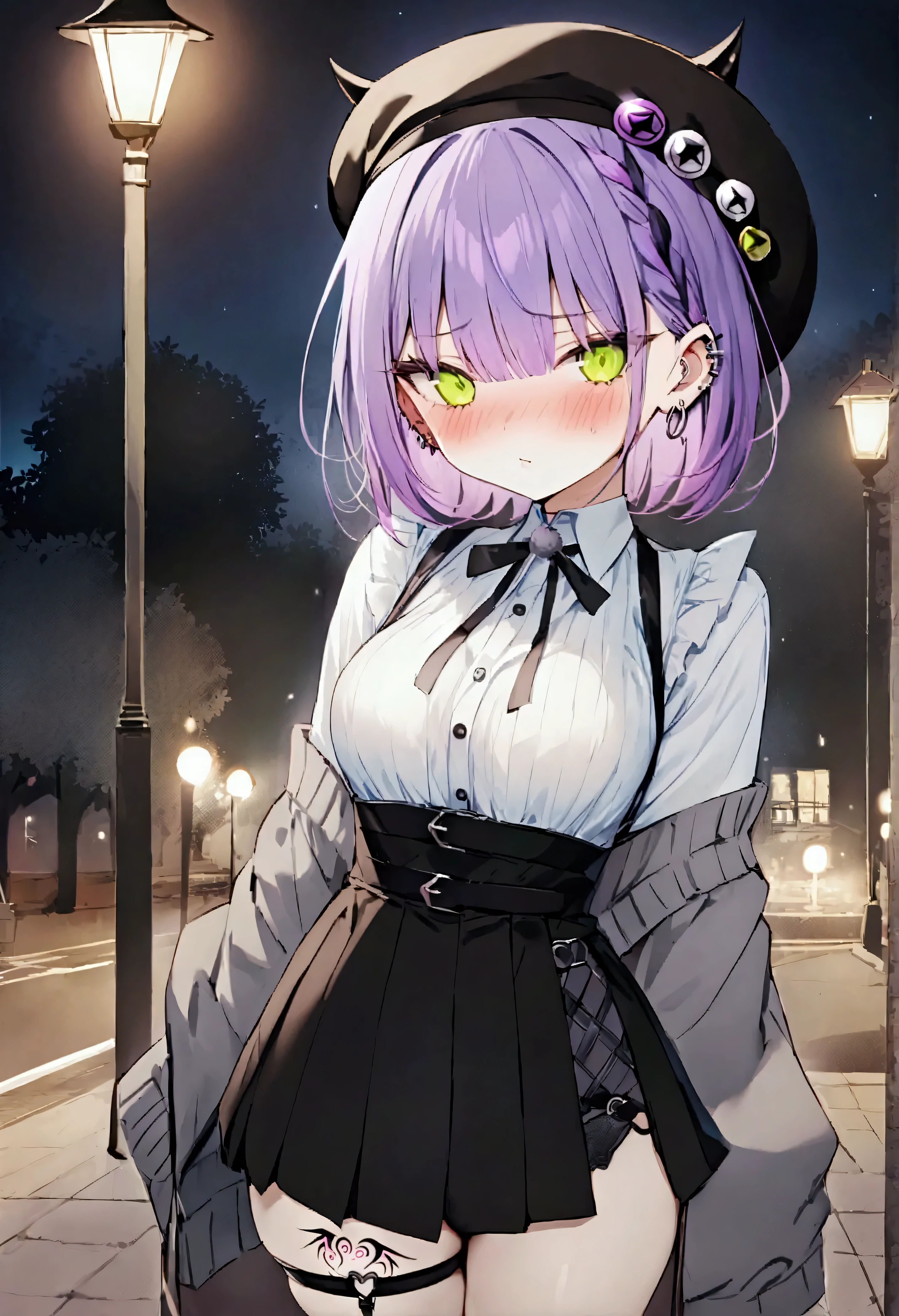 NSFW,masterpiece,Best Quality,High resolution,Very detailed,Towa Tokoyami\(Hove\),Purple Hair,Green Eyes,Jirai system、Frilled shirt、High Waist Skirt、Grey cardigan、Beret、False horns、Thigh straps、Thigh Tattoo、Ear Piercing,Night Park,Street lamp,Embarrassed,blush,He doesn&#39;t seem too opposed,(Young Man),Picking Up Girls,Being held close