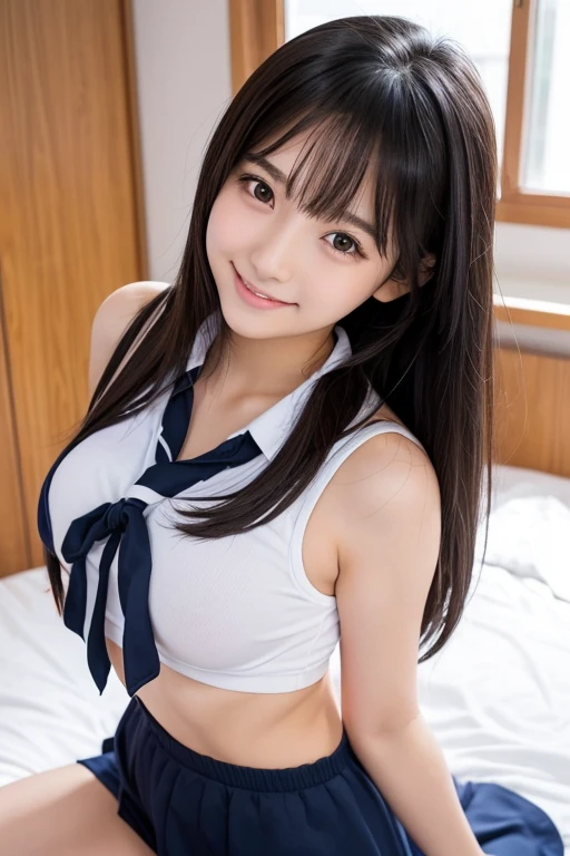 (8K、RAW photo、highest quality、masterpiece:1.2)、(realistic、Photoreal:1.37)、1 girl, beautiful japan 、perfect body、20-year-old、sexy uniform、medium breasts、(Photograph the subject from an angle)、(((((underboob)))))、lower chest、oily skin、skinny、 (胸元がチラリと見えるsexy uniform)、(見えるunderboob、Uniform that shows ribs)、Super miniskirt where you can&#39;t see the pants 、Uniform without sleeves、sensual face、挑発的なsmile、((looking at the viewer, smile))、blush、school classroom