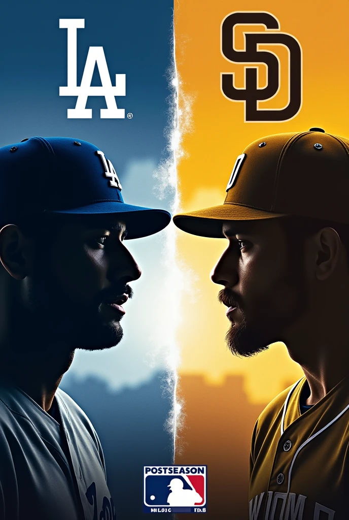 MLB playoff match-up poster. Dodgers vs Padres match-up. Large logo of both teams ‘LA’ vs ‘SD’ at the top. At the bottom is the MLB logo and the words ‘POST season’. The faces of the players from each team facing off are shown as silhouettes. The colours reflect the energy of a playoff game, with the bold contrast between the Dodgers‘ blue and the Padres’ brown and gold emphasising the rivalry.