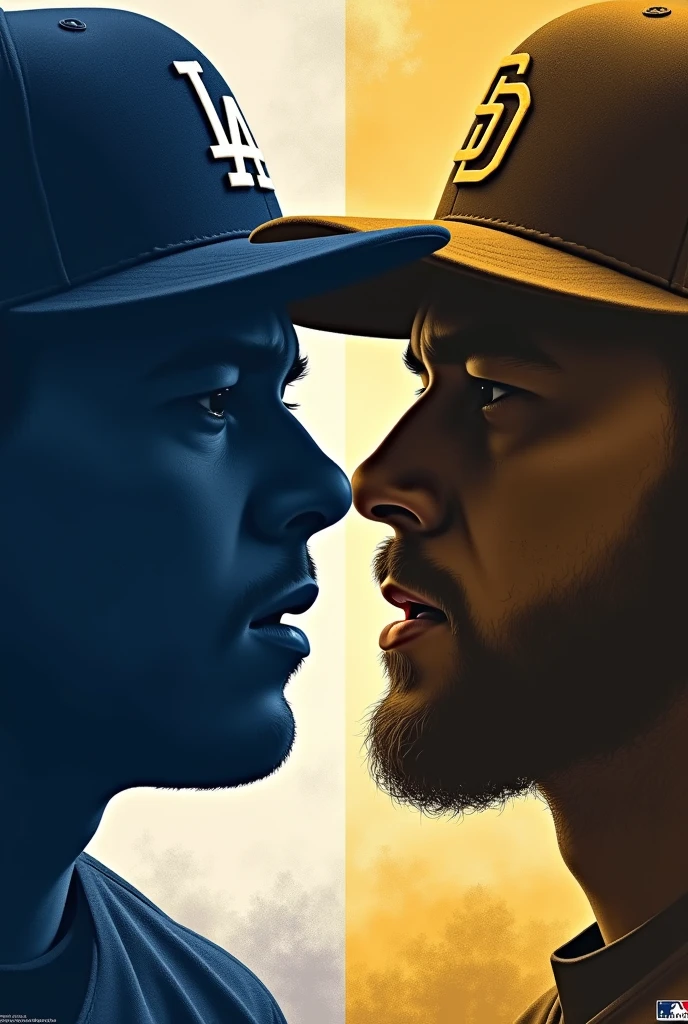 MLB playoff match-up poster. Dodgers vs Padres match-up. Large logo of both teams ‘LA’ vs ‘SD’ at the top. At the bottom is the MLB logo and the words ‘POST season’. The faces of the players from each team facing off are shown as silhouettes. The colours reflect the energy of a playoff game, with the bold contrast between the Dodgers‘ blue and the Padres’ brown and gold emphasising the rivalry.