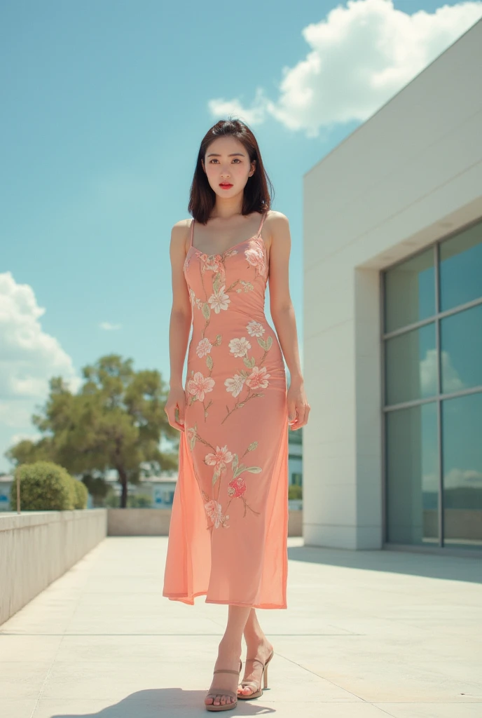 a beautiful young Asian woman stands on a tiled floor. She is dressed in a salmon colored short-sleeved dress adorned with floral embroidery. Her hair is styled in a sleek bob, and her eyes are adorned with red lipstick. She stands with her arms out to her sides, adding a touch of contrast to the scene. To the right of her is a white building with a glass window. The sky is a deep blue, dotted with white clouds.