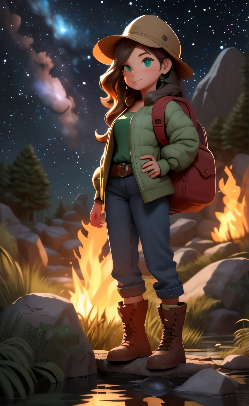 Masterpiece, Best quality, Ultra-detailed, illustration, 1girll, Solo, Outdoors, camping, Night, Mountains, Nature, stars, Moon, bonfires, tenten, double-ponytail, Green eyes, cheerful big breasts, cheerfulness, Backpack, sleeping bag, Camping stove, Water bottle, Mountain boots, mitts, Sweater, Hat, Flashlight, forest, Rocks, River, wood, Smoke, Shadows, Contrast, Clear sky, constellation, Milky Way, Peaceful, serene, Quiet, tranquil, Remote, secluded, Adventurous, exploration, escape, independence, Survival, resourcefulness, challenge, perseverance, endurance, endurance, Observation, intuition, Adaptability, creativity, imagination, Artistry, Inspiration, Beauty, in awe, Wonder, Gratitude, Appreciation, unwind, Enjoyment, rejuvenation, Mindfulness, Awareness, Connection, Harmony, balance, Texture, detail, Realism, Depth, Perspective, composition, Color, Light, black shadows, Reflection, refractions, Ton, Contrast, foreground, Middle ground, Background, Naturalistic, Figurative, representational, impressionistic, expressionistic, abstracted, Innovative, Experimental, Unique