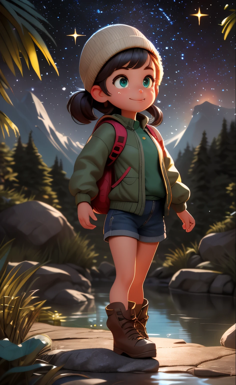 Masterpiece, Best quality, Ultra-detailed, illustration, 1girll, Solo, Outdoors, camping, Night, Mountains, Nature, stars, Moon, bonfires, tenten, double-ponytail, Green eyes, cheerful big breasts, cheerfulness, Backpack, sleeping bag, Camping stove, Water bottle, Mountain boots, mitts, Sweater, Hat, Flashlight, forest, Rocks, River, wood, Smoke, Shadows, Contrast, Clear sky, constellation, Milky Way, Peaceful, serene, Quiet, tranquil, Remote, secluded, Adventurous, exploration, escape, independence, Survival, resourcefulness, challenge, perseverance, endurance, endurance, Observation, intuition, Adaptability, creativity, imagination, Artistry, Inspiration, Beauty, in awe, Wonder, Gratitude, Appreciation, unwind, Enjoyment, rejuvenation, Mindfulness, Awareness, Connection, Harmony, balance, Texture, detail, Realism, Depth, Perspective, composition, Color, Light, black shadows, Reflection, refractions, Ton, Contrast, foreground, Middle ground, Background, Naturalistic, Figurative, representational, impressionistic, expressionistic, abstracted, Innovative, Experimental, Unique