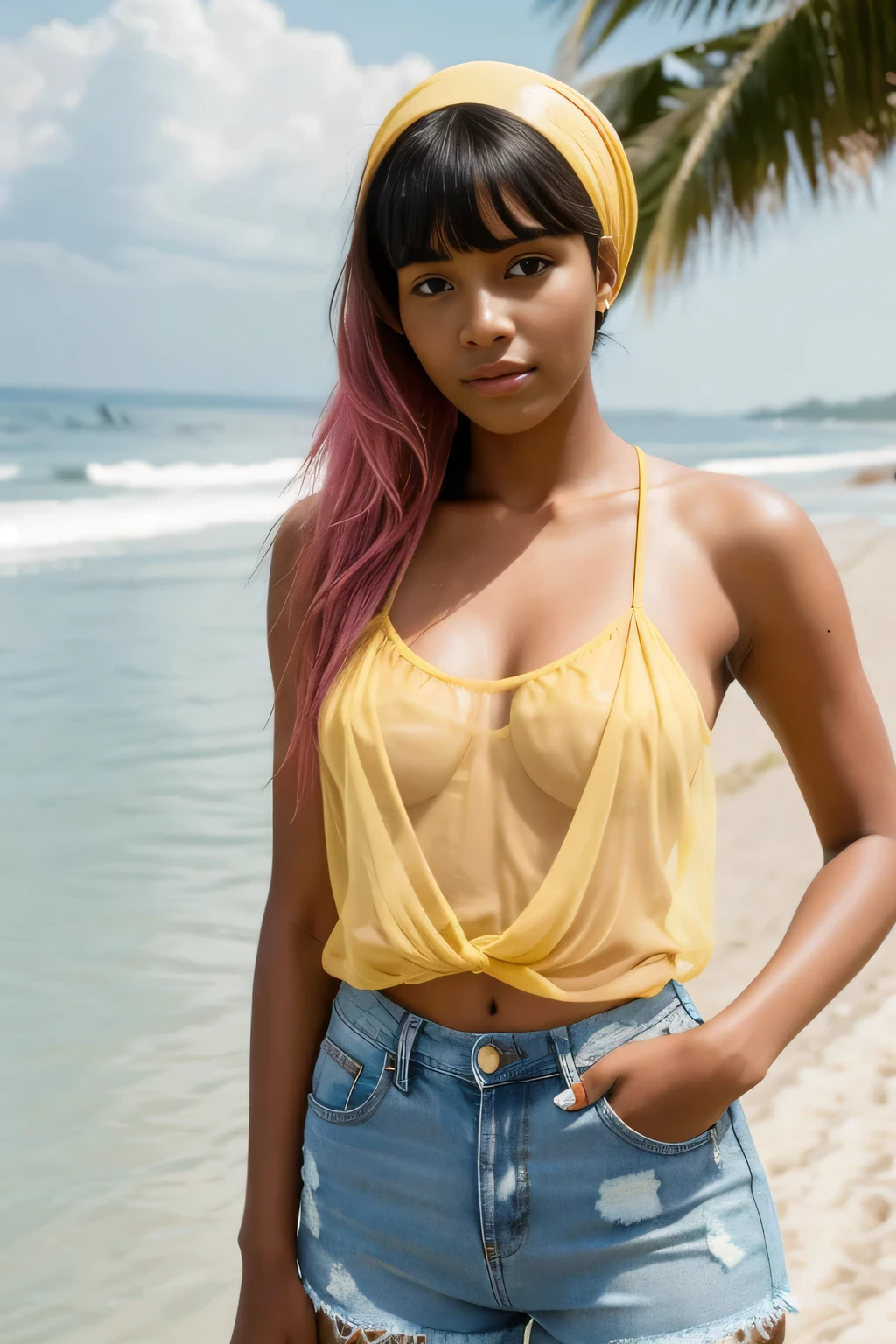 Very extremely sexy 22 year old Barbadian girl, angel face, very wet T-shirt, dreadlocks with red highlights in hair, small breasts, wet t-shirt competition in beach bar, light colour t-shirt, (bestquality,4k,8k,highres,masterpiece:1.2),ultra-detailed,(realistic,photorealistic,photo-realistic:1.37), HDR, UHD,