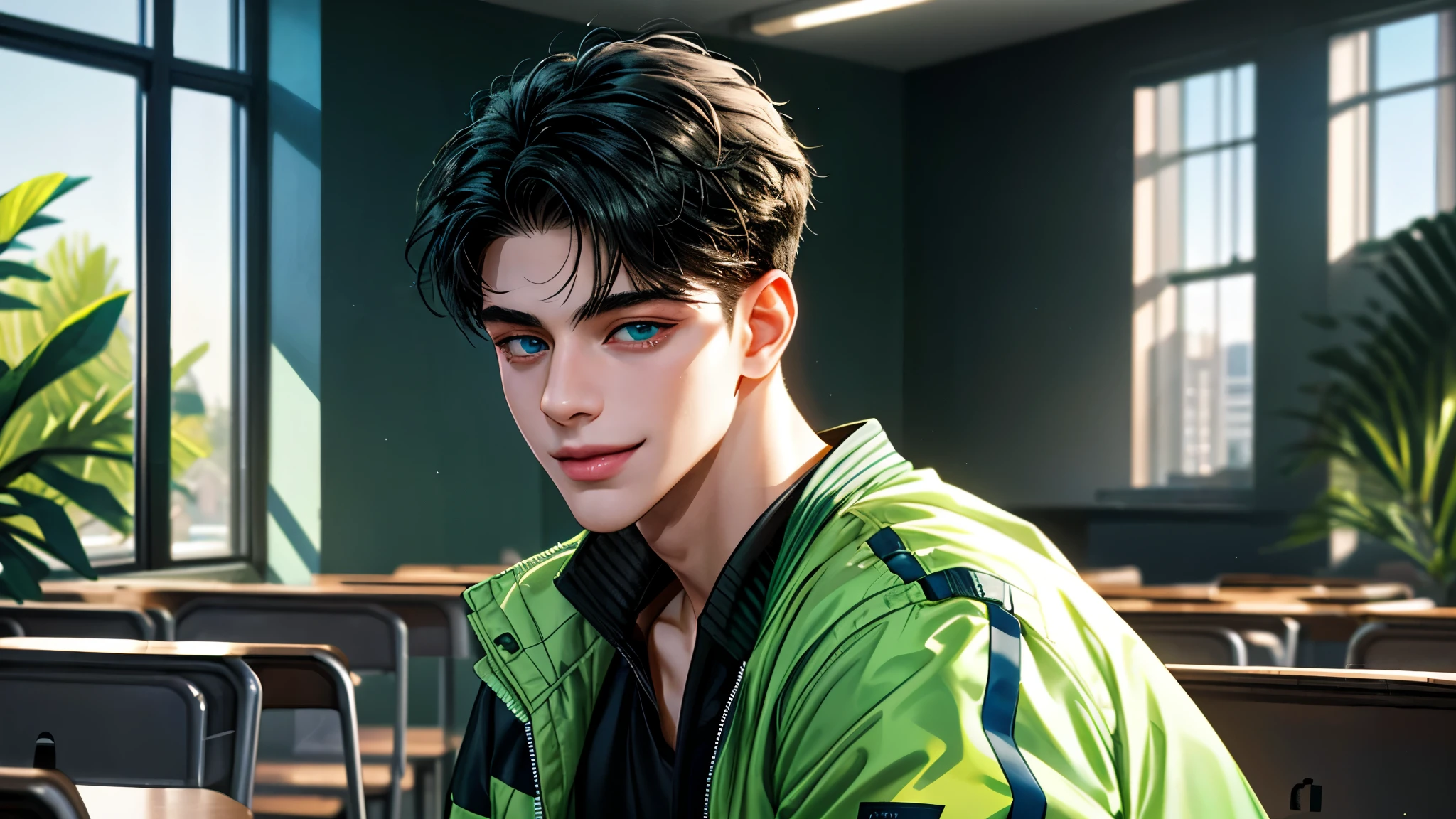 a handsome young man, 21 years old, black hair, badboy, short hair, blue eyes, ombros largos, masterpiece, absurd face, beautiful and detailed, gentle smile, with dark green adidas jacket, sunny environment during the day, in a classroom talking to a classmate