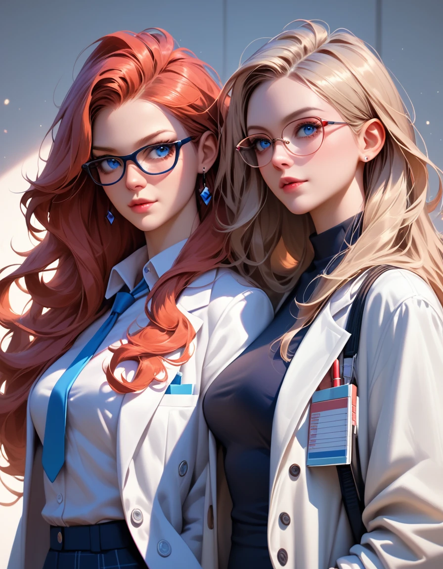 score_9, score_8_up, score_7_up, score_6_up, score_5_up, jt, labcoat, glasses, red hair, long hair, susan test, 2girls, blue eyes, mary test,
