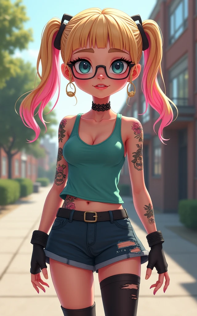 wink, cute woman with baby face, attractive and seductive facial expression, shy, blonde straight hair, forehead, draw up, Blue eyes, excellent body proportions, covered in tattoos, dressed in a loose knitted shirt, skinny leather pants, engineering boots, art, hyper, CG graphics digital art