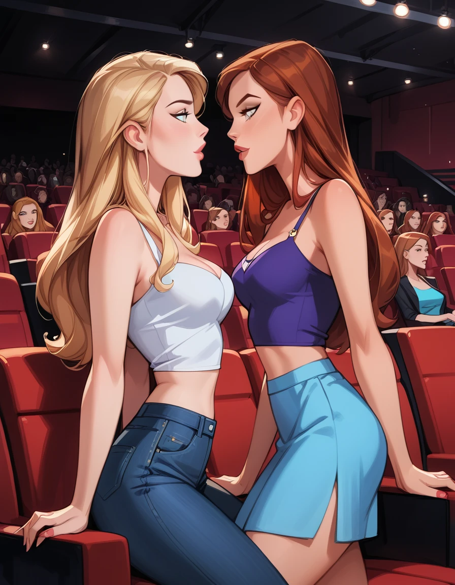 score_9, score_8_up, score_7_up, dcaustyle, source_cartoon, 2girls, duo, couple, yuri, (Kara Zor-El, blonde:1.3) and (Barbara Gordon, reddish brown hair:1.2), wearing sexy casual skirt and top, bare arms, bare shoulders, cleavage, midriff, flirt, gaze, sexy look, filled lips, thick lips, makeup, in a (movie theater, cinema, large crowd, no empty seats:1.4), sitting next to one another, romantic date, in love, looking into one each others eyes, expressiveh d4rk01l, perfect hands, perfect proportions, (side view, cowboy shot:1.5).