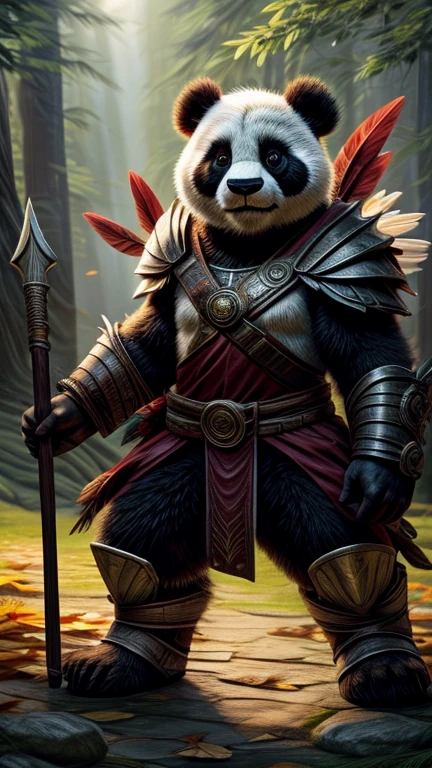 Imagine a panda warrior, with armor made of leaves and feathers. The panda warrior holds a spear and is a symbol of courage and energy.