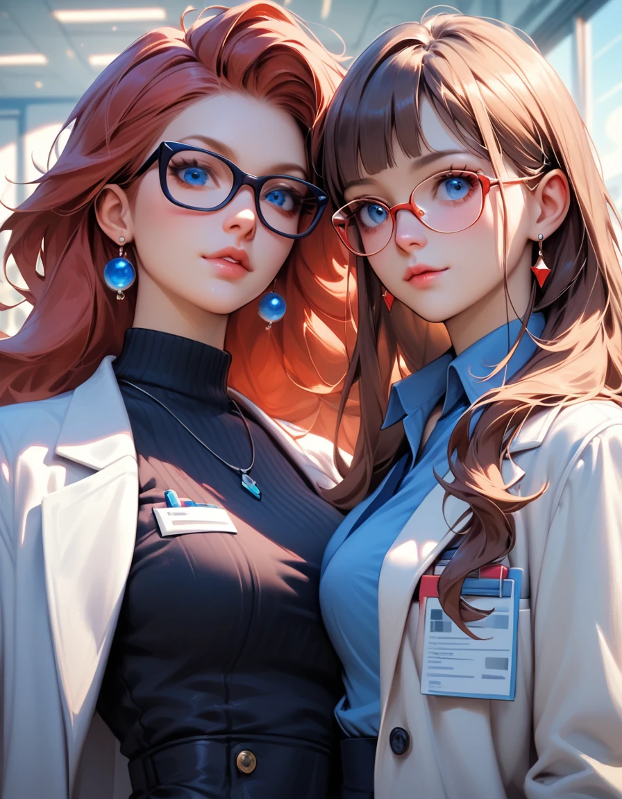 score_9, score_8_up, score_7_up, score_6_up, score_5_up, jt, labcoat, glasses, red hair, long hair, susan test, 2girls, blue eyes, mary test,
