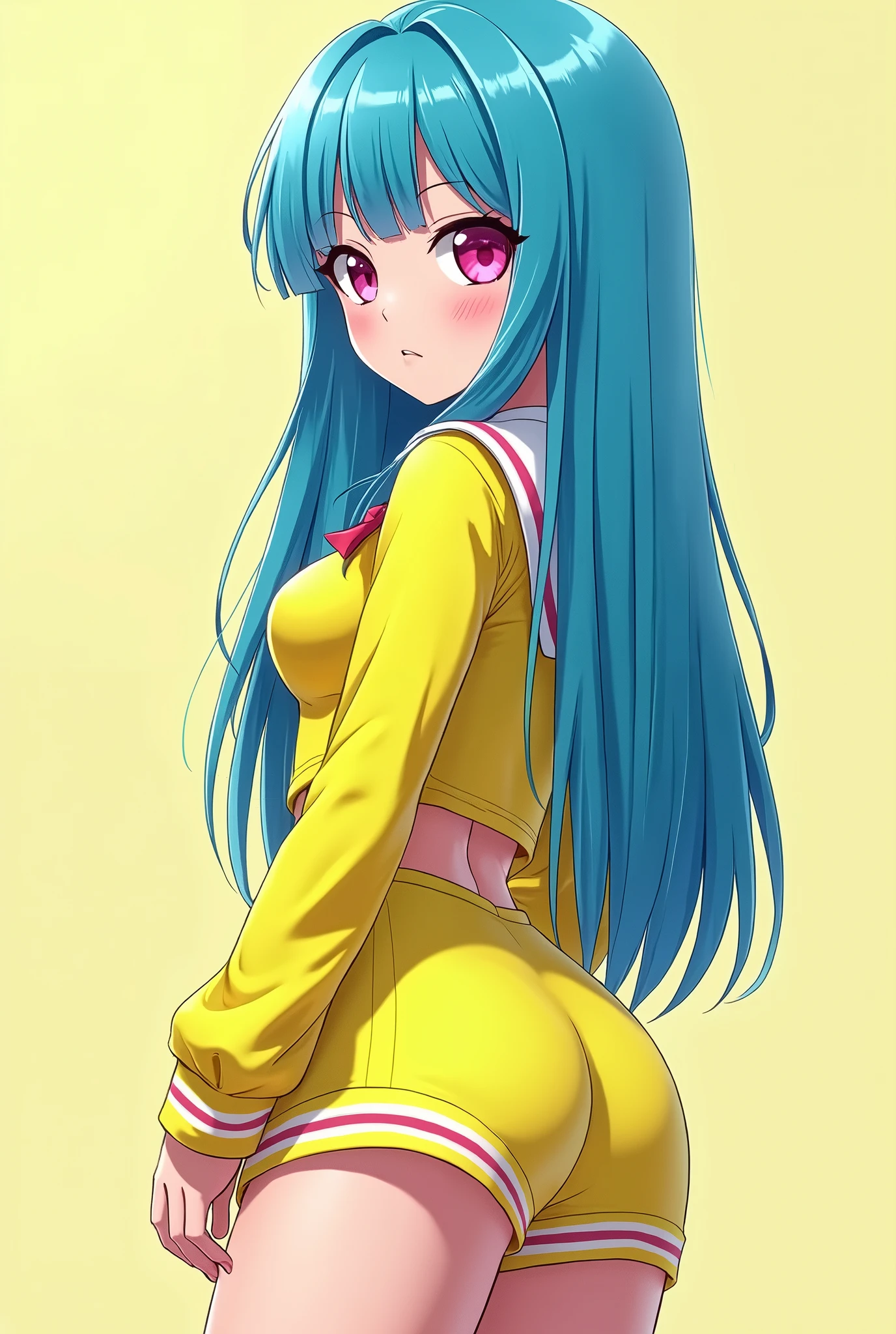 score_9, score_8_up, score_7_up, 1980's style, JK, retro, source anime, flat color, (masterpiece), (best quality), (ultra-detailed), (illustration), (an extremely delicate and beautiful). lum, 1girl, solo, (moonlight), dynamic angle, Beautiful, teenager, (nsfw:0.85), ((baby face)), (intense colors), blue hair, blue eyes, (tiny horns), pointy ears, aqua hair, eyeshadow, cute, , masterpiece, top quality, official art, 8k wallpaper, very detailed, Figure, Little cute girl of 1 person, baby face, wide hips, big ass, round ass, Wear high heels, Skinny pencil skirt, sailor top, backpack, They&#39;re standing, from the outside, Behind, surprised. dynamic posing, showing ass to viewer, facing away, elegant, ??????, sensual. in ru_ta artstyle, semi realistic, thick thighs, (cameltoe:1.1), back, ass, lace fishnet panties, looking at viewer, lying on its side, Expressiveh,