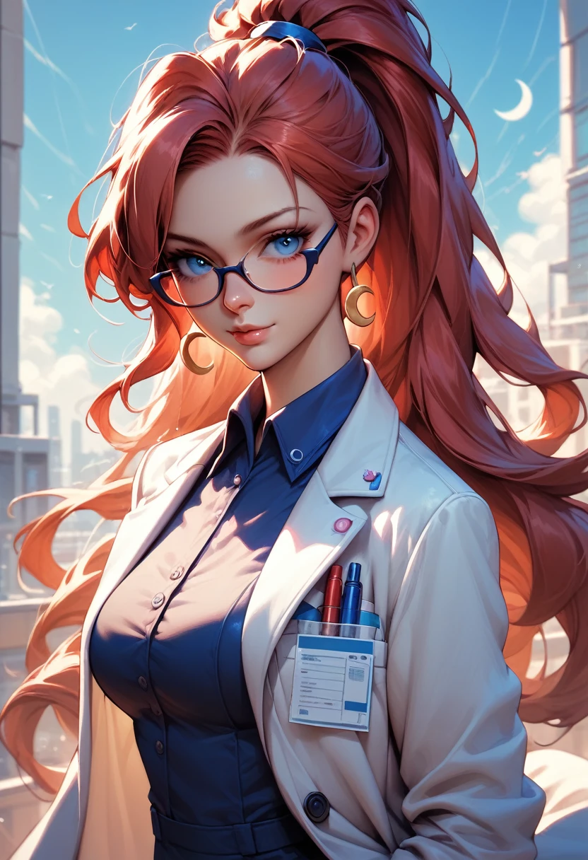 score_9, score_8_up, score_7_up, score_6_up, score_5_up, jt, labcoat, glasses, red hair, long hair, 1girl, mary test, blue eyes, crescent, ponytail,
