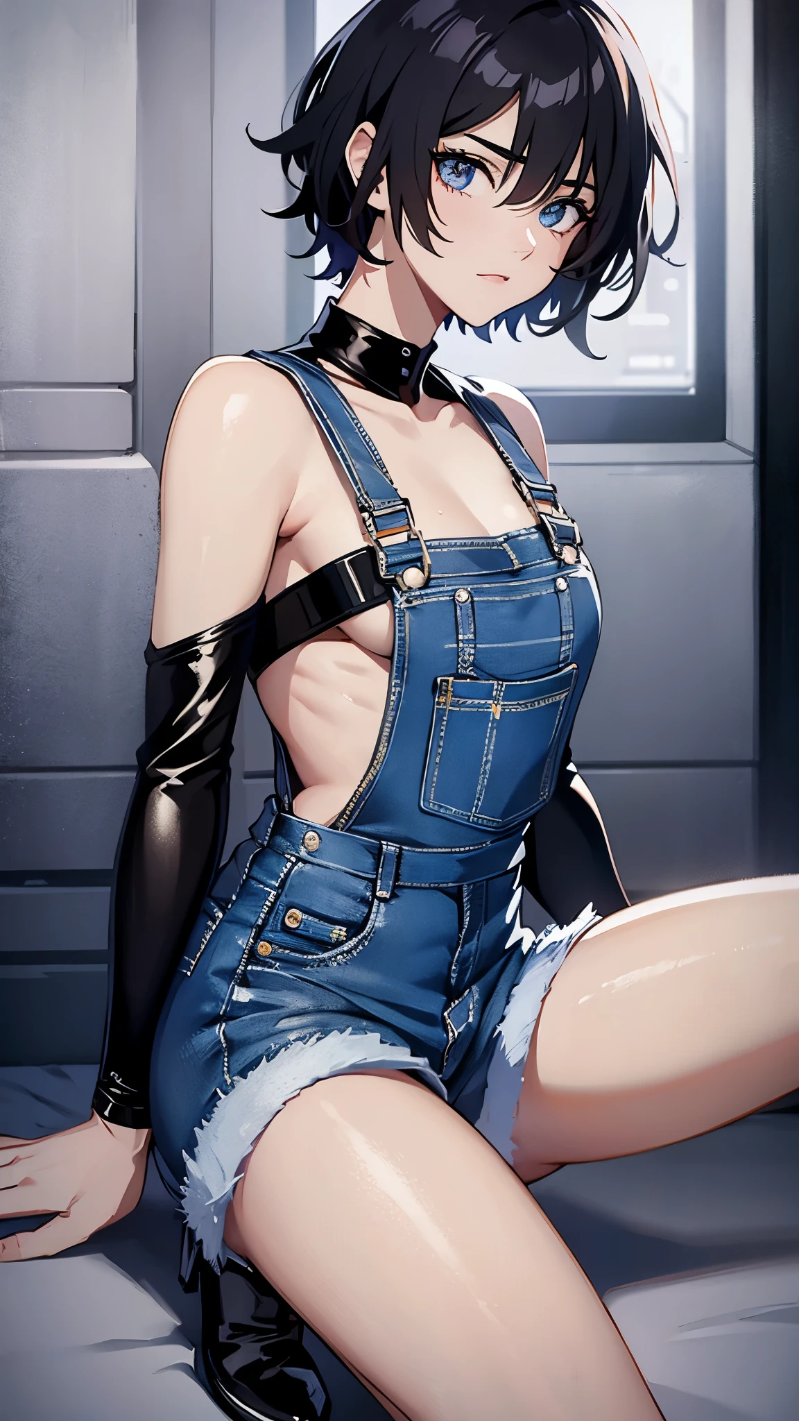 masterpiece:1.3), ((best quality:1.3), I-no, 1girl, tinted eyewear, breasts, short hair, black hair, solo, choker, mole above mouth, sunglasses, large breasts, ((priclothes)), ((striped clothes)), prisoner, shirt, long sleeves, prison striped prison inmate scrubs with long tight sleeves, upper body, shackles, black and white stripes