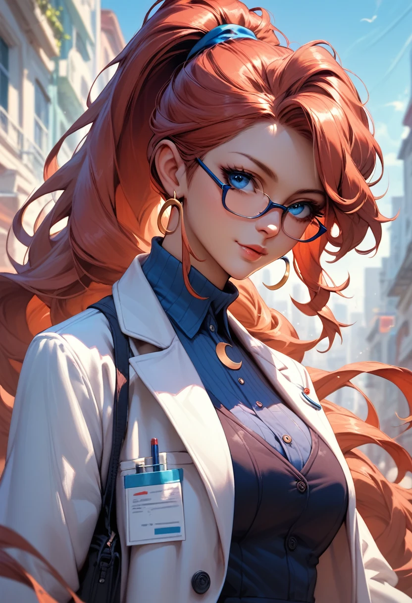 score_9, score_8_up, score_7_up, score_6_up, score_5_up, jt, labcoat, glasses, red hair, long hair, 1girl, mary test, blue eyes, crescent, ponytail,
