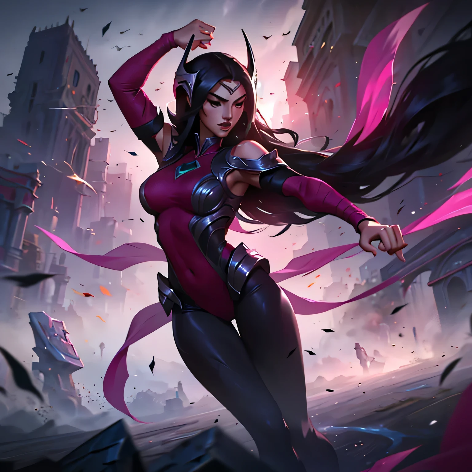 splash art of a twenty-two year old woman, beautiful perfect face, very long black hair, perfect body, pink and black clothes, pink cloths around, {irelia} she is dancing in an open field