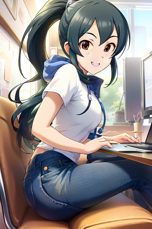 2D, anime, anime coloring, (solid white background:1.3) Ooishi Izumi,
black hair, long hair, 1girl, brown eyes, smile, solo, looking at viewer, open mouth, ponytail, jewelry, thighhighs, hat, hood, white shirt, jeans skirt, denim skirt, blue skirt, denim, multiple girls, solo focus, laptop, computer