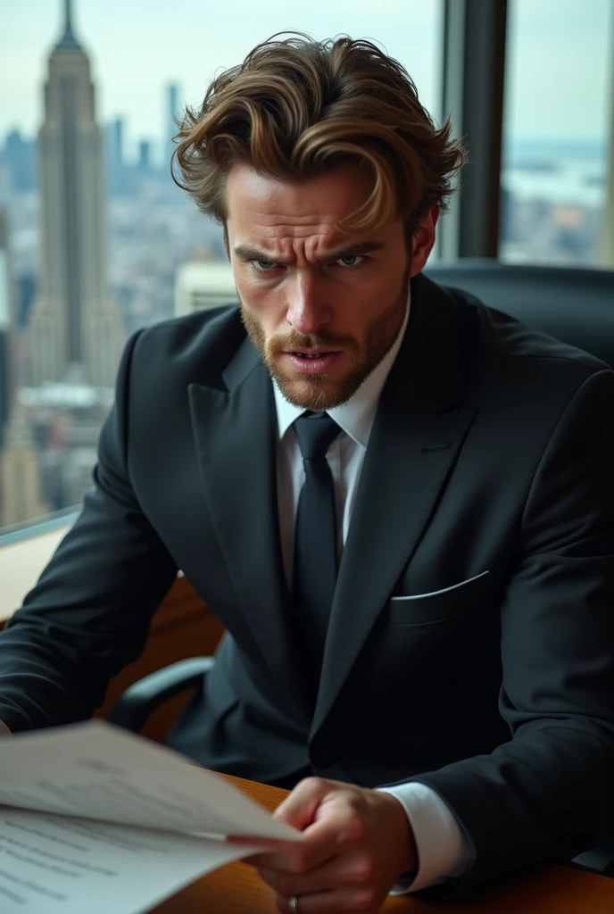 a handsome man with fair skin, short wavy chestnut brown hair with loose curls, blue eyes and muscular body, wearing a well tailored black suit, he’s sitting at his chair inside his office with a beautiful view to New York City. He holds a piece of paper, reading the most shocking news of his life. His blue eyes are a mix of anger and horror and you can see tears glistening as he stares at the paper. realistic photo, (best quality,4k,8k,highres,masterpiece:1.2),ultra-detailed,(realistic,photorealistic,photo-realistic:1.37)