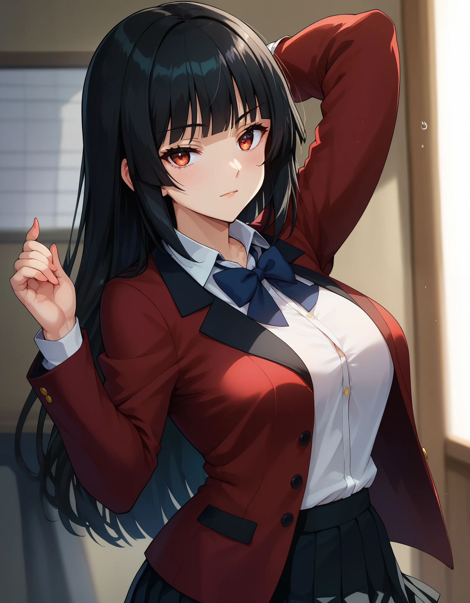 score_9, score_8_up, score_7_up, score_6_up, score_5_up, score_4_up, source_anime, BREAK
jabami yumeko, school uniform, blunt bangs, red blazer, black hair, black skirt,
 