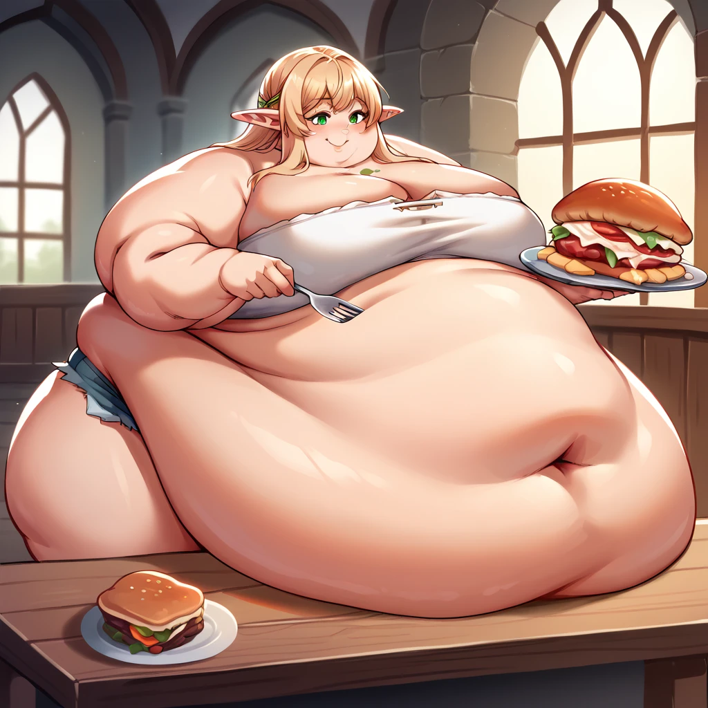 Masterpiece, best quality, high resolution,1girl,blond hair, elfuda, plus sized elf, smile,sexy smile,sexy pose, castle, wooden table,food, turkey,huge breasts, thick thighs, fat face, chubby cheeks, huge hips,huge belly, obese body, saggy belly, fat belly,