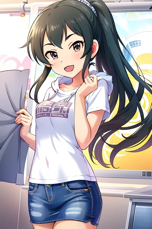 2D, anime, anime coloring, (solid white background:1.3) Ooishi Izumi, black hair, long hair, 1girl, brown eyes, smile, solo, looking at viewer, open mouth, ponytail, jewelry, thighhighs, hat, hood, white shirt, jeans skirt, denim skirt, blue skirt, denim, multiple girls, solo focus