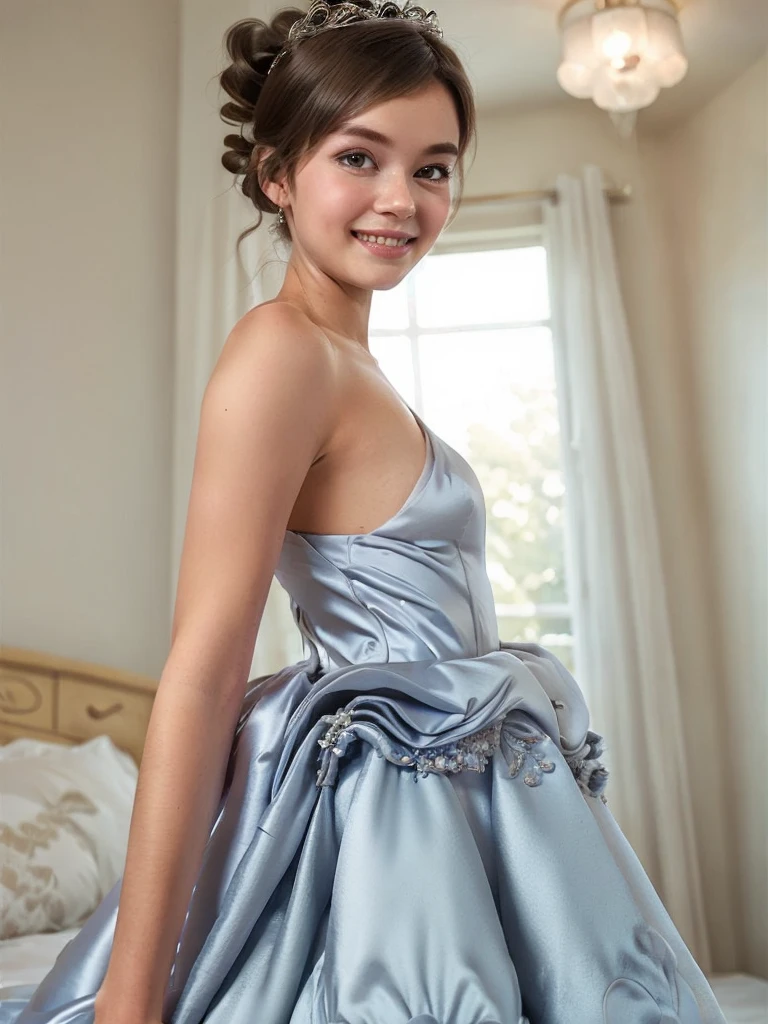 A Caucasian girl, blonde ponytail, BREAK, baby face, standing, (satin princess dress, blue wedding dress:1.4), BREAK, (wedd00ing:1.2), (tiny tits, tt_flat), ((shooting from side)), armpit, smiling, blushing face, bedroom, 