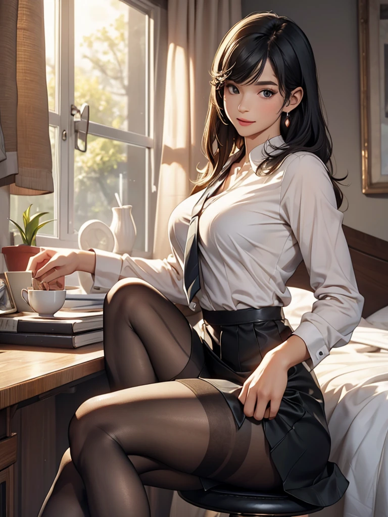 High angle photo of a beautiful woman (,small breasts, Fair skin, outlined eyes, makeup, Black hair, choker) in the style of stefan kostic, realistic skin texture, having breakfast, behind the desk, black dress, shoulders showing, body cut 1/2, art lens 8 5 mm, f 1. 2, sharp focus, 8K high definition, insanely detailed, intricate, elegant, art by Stanley Lau and Artgerm