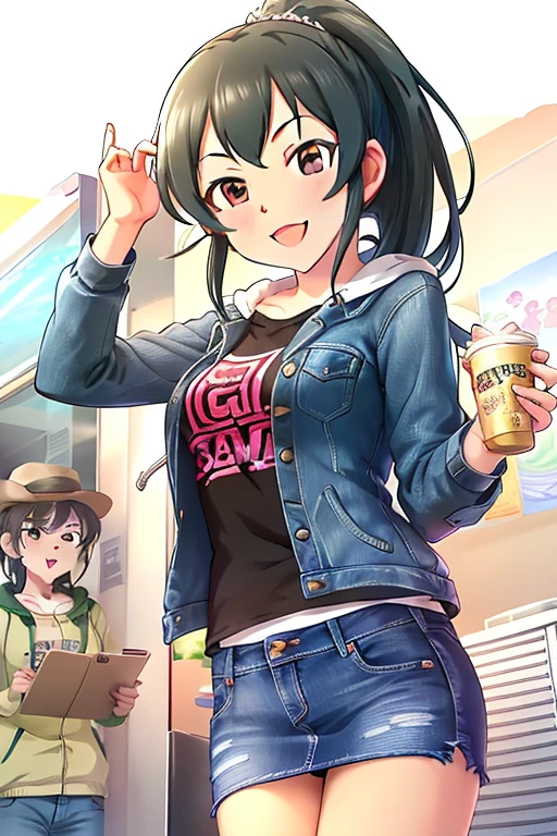 2D, anime, anime coloring, (solid white background:1.3) Ooishi Izumi, black hair, long hair, 1girl, brown eyes, smile, solo, looking at viewer, open mouth, ponytail, jewelry, thighhighs, hat, hood, white shirt, jeans skirt, denim skirt, blue skirt, denim, multiple girls, solo focus