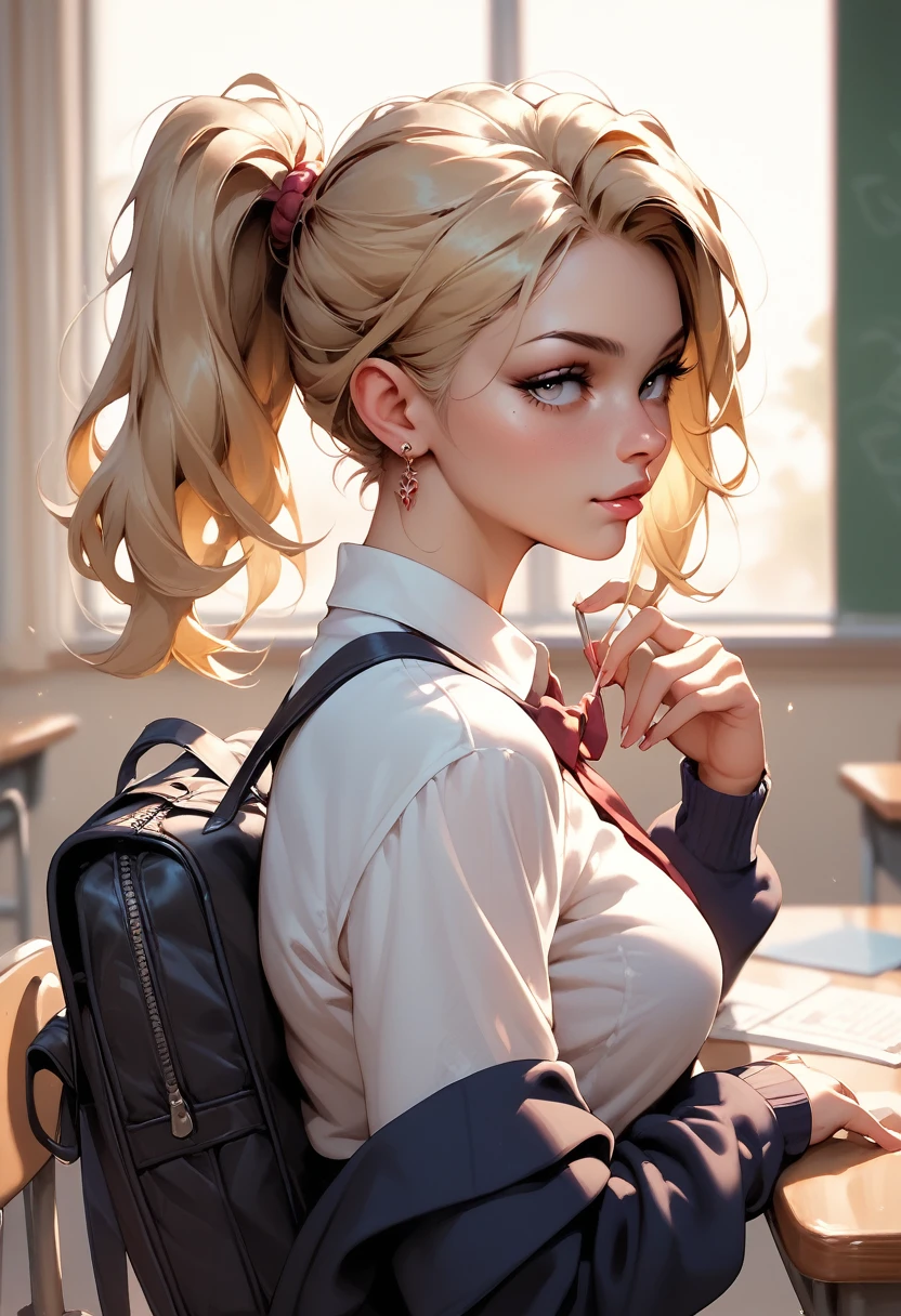 score_9, score_8_up, score_7_up, score_6_up, score_5_up, 1girl, blonde hair, ponytail, 4rch13, school background
