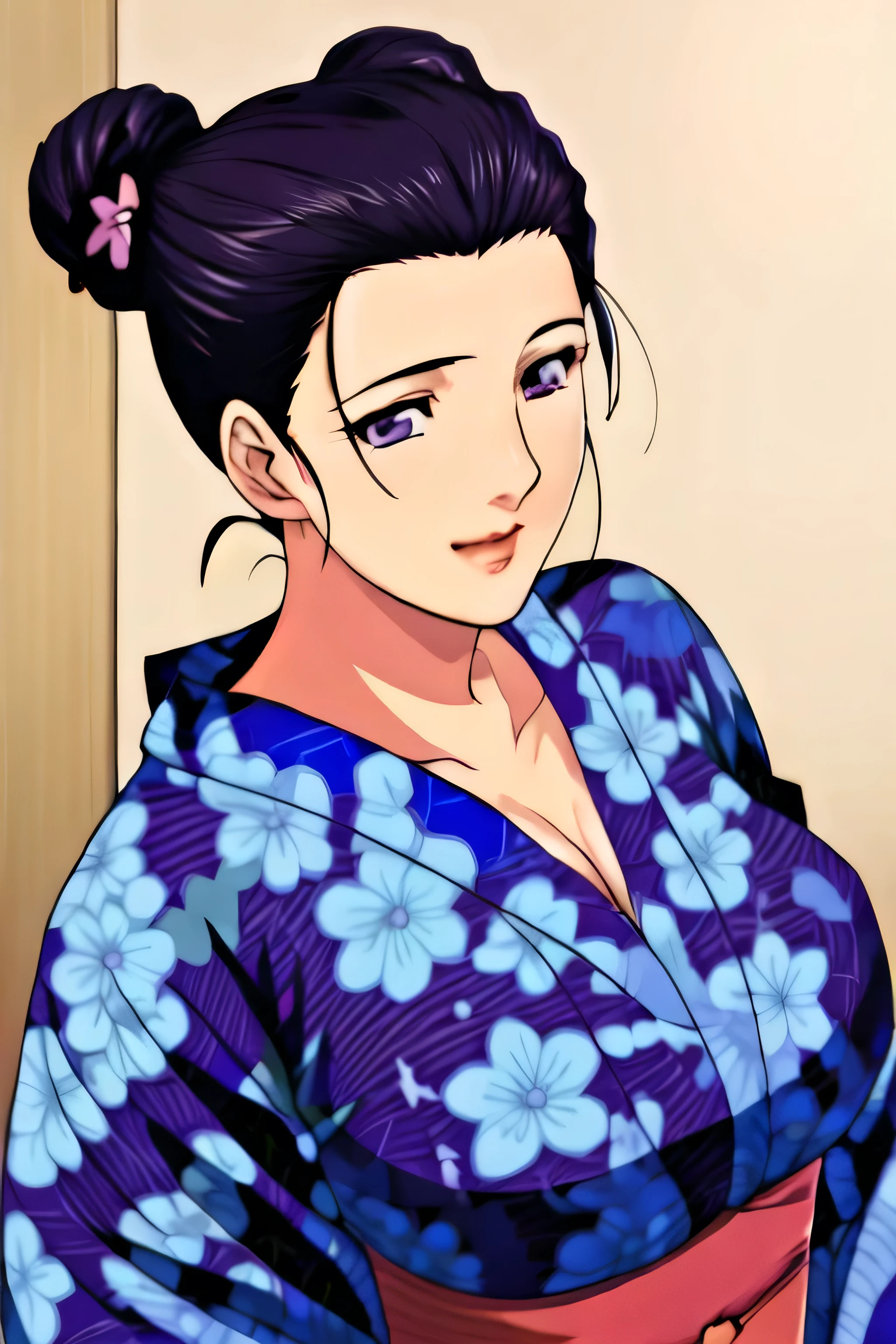 Simple Background,White Background,
purple kimono,floral print,japanese clothes,wide sleeves,long sleeves,
cleavage,
purple eyes, black hair,bangs,hair bun,
1 girl, 20yo,Young female,Beautiful long legs,Beautiful body,
Beautiful Nose,Beautiful character design, perfect eyes, perfect face,expressive eyes,perfect balance,
looking at viewer,(Focus on her face),closed mouth, (innocent_big_eyes:1.0),(Light_Smile:0.3),
official art,extremely detailed CG unity 8k wallpaper, perfect lighting,Colorful, Bright_Front_face_Lighting,White skin,
(masterpiece:1.0),(best_quality:1.0), ultra high res,4K,ultra-detailed,
photography, 8K, HDR, highres, absurdres:1.2, Kodak portra 400, film grain, blurry background, bokeh:1.2, lens flare, (vibrant_color:1.2),professional photograph,
(Beautiful,large_Breasts:1.4), (beautiful_face:1.5),(narrow_waist),