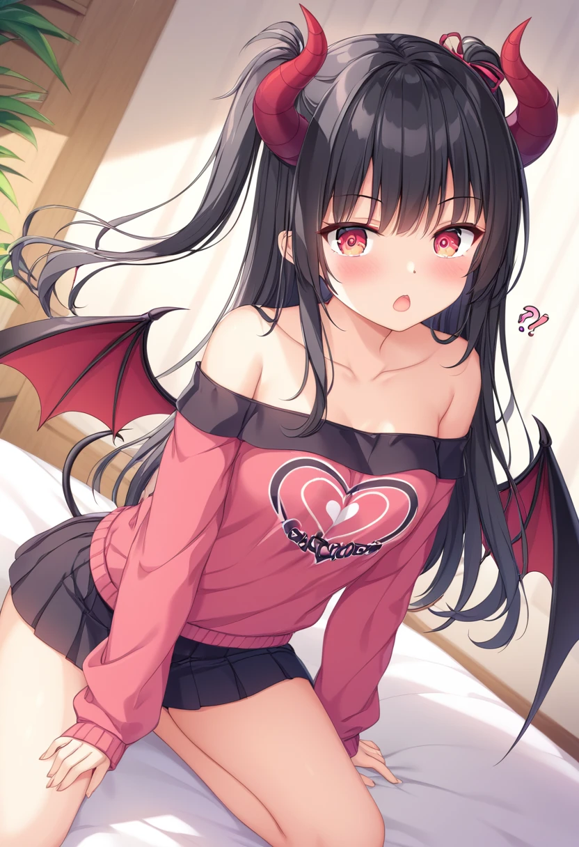 very cute devil and angel、16 year old girl(2 people)、black hair almost blue、red eyes、(Breast size according to age)、Standing position、full body shot、the shape of the nipples appears、not wearing panties、background starry sky、Red Moon、