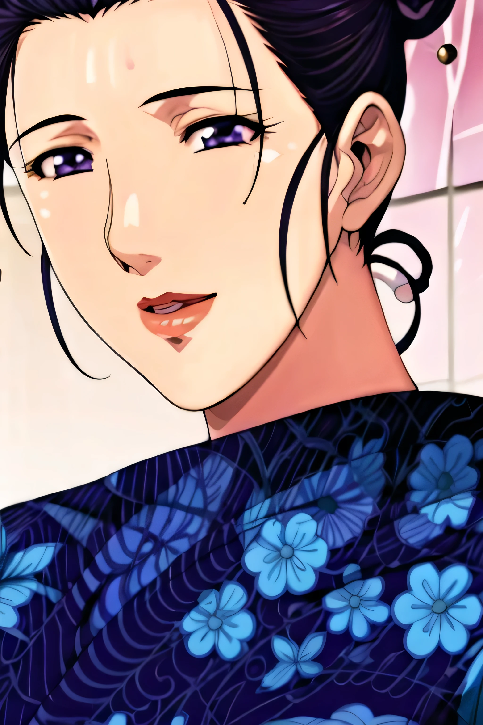 Simple Background,White Background,
purple kimono,floral print,japanese clothes,wide sleeves,long sleeves,
cleavage,
purple eyes, black hair,bangs,hair bun,
1 girl,Young female,Beautiful long legs,Beautiful body,
Beautiful Nose,Beautiful character design, perfect eyes, perfect face,expressive eyes,perfect balance,
looking at viewer,(Focus on her face),closed mouth, (innocent_big_eyes:1.0),(Light_Smile:0.3),
official art,extremely detailed CG unity 8k wallpaper, perfect lighting,Colorful, Bright_Front_face_Lighting,White skin,
(masterpiece:1.0),(best_quality:1.0), ultra high res,4K,ultra-detailed,
photography, 8K, HDR, highres, absurdres:1.2, Kodak portra 400, film grain, blurry background, bokeh:1.2, lens flare, (vibrant_color:1.2),professional photograph,
(Beautiful,large_Breasts:1.4), (beautiful_face:1.5),(narrow_waist),big boobs, navy blue, single bun hairstyle