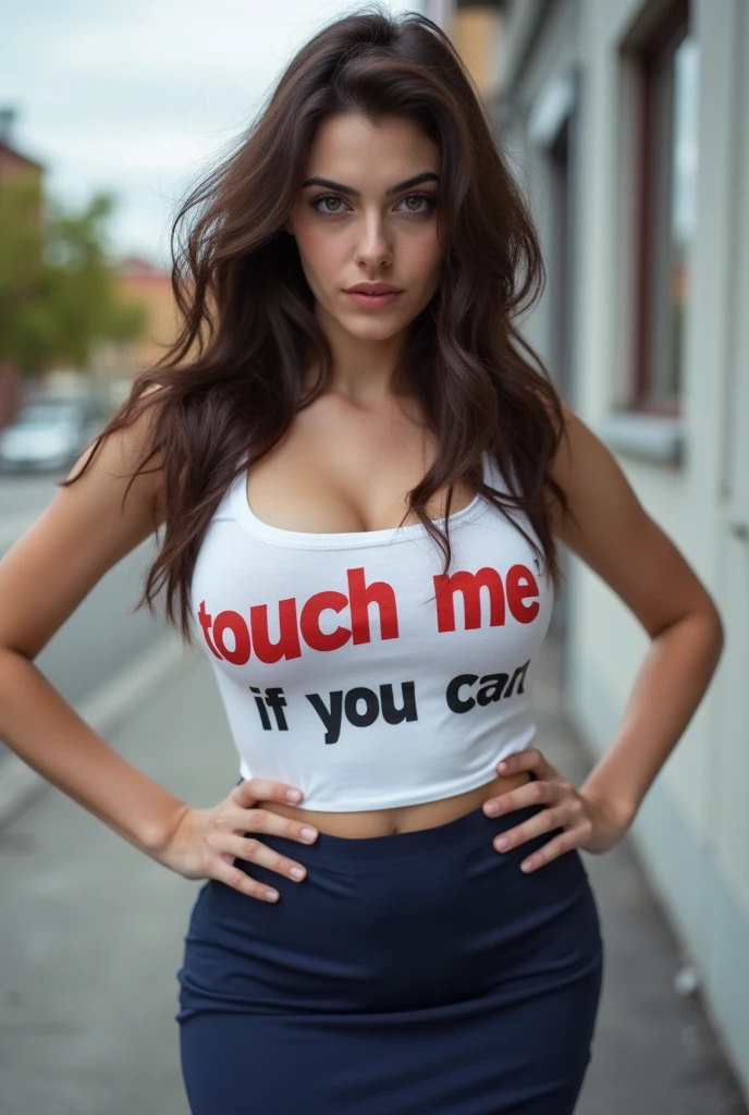 Captured at eye-level, a medium-sized young woman with long dark brown hair, wearing a white fitted singlet and a navy skimpy miniskirt. The woman's shirt reads "Touch Me" in bold red letters, "If You Can" in black letters. Dynamic pose The background is blurred, with a building on the right side of the frame. 