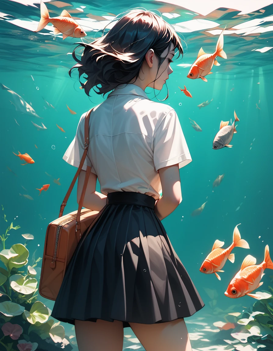 score_9, score_8_up, score_7_up, score_6_up, score_5_up, hara, 1girl, fish, solo, goldfish, skirt, bag, black hair, from behind, shirt, black skirt, short sleeves, arms behind back, white shirt
