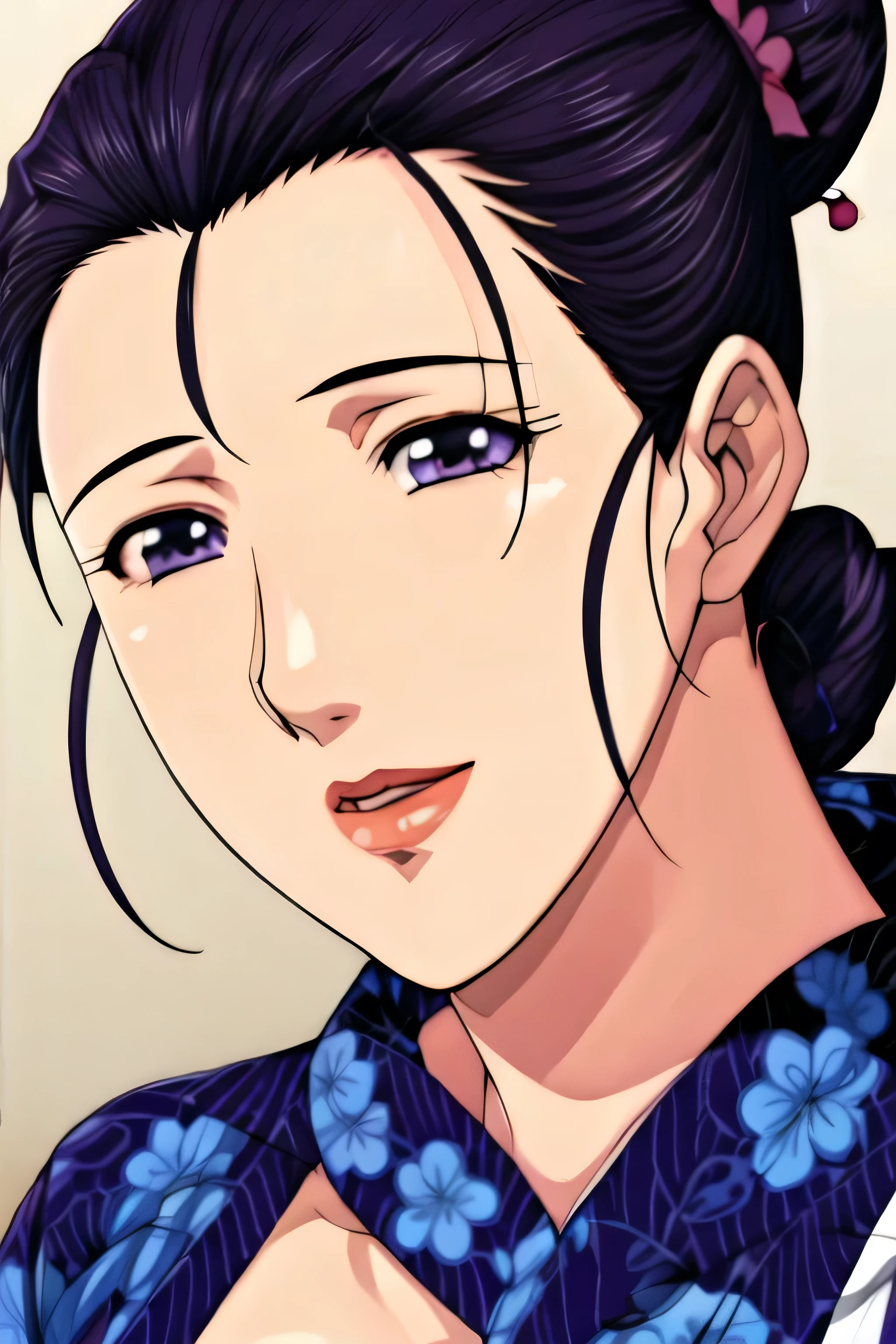 Simple Background,White Background,
purple kimono,floral print,japanese clothes,wide sleeves,long sleeves,
cleavage,
purple eyes, black hair,bangs,hair bun,
1 girl,Young female,Beautiful long legs,Beautiful body,
Beautiful Nose,Beautiful character design, perfect eyes, perfect face,expressive eyes,perfect balance,
looking at viewer,(Focus on her face),closed mouth, (innocent_big_eyes:1.0),(Light_Smile:0.3),
official art,extremely detailed CG unity 8k wallpaper, perfect lighting,Colorful, Bright_Front_face_Lighting,White skin,
(masterpiece:1.0),(best_quality:1.0), ultra high res,4K,ultra-detailed,
photography, 8K, HDR, highres, absurdres:1.2, Kodak portra 400, film grain, blurry background, bokeh:1.2, lens flare, (vibrant_color:1.2),professional photograph,
(Beautiful,large_Breasts:1.4), (beautiful_face:1.5),(narrow_waist),big boobs, navy blue, single bun hairstyle