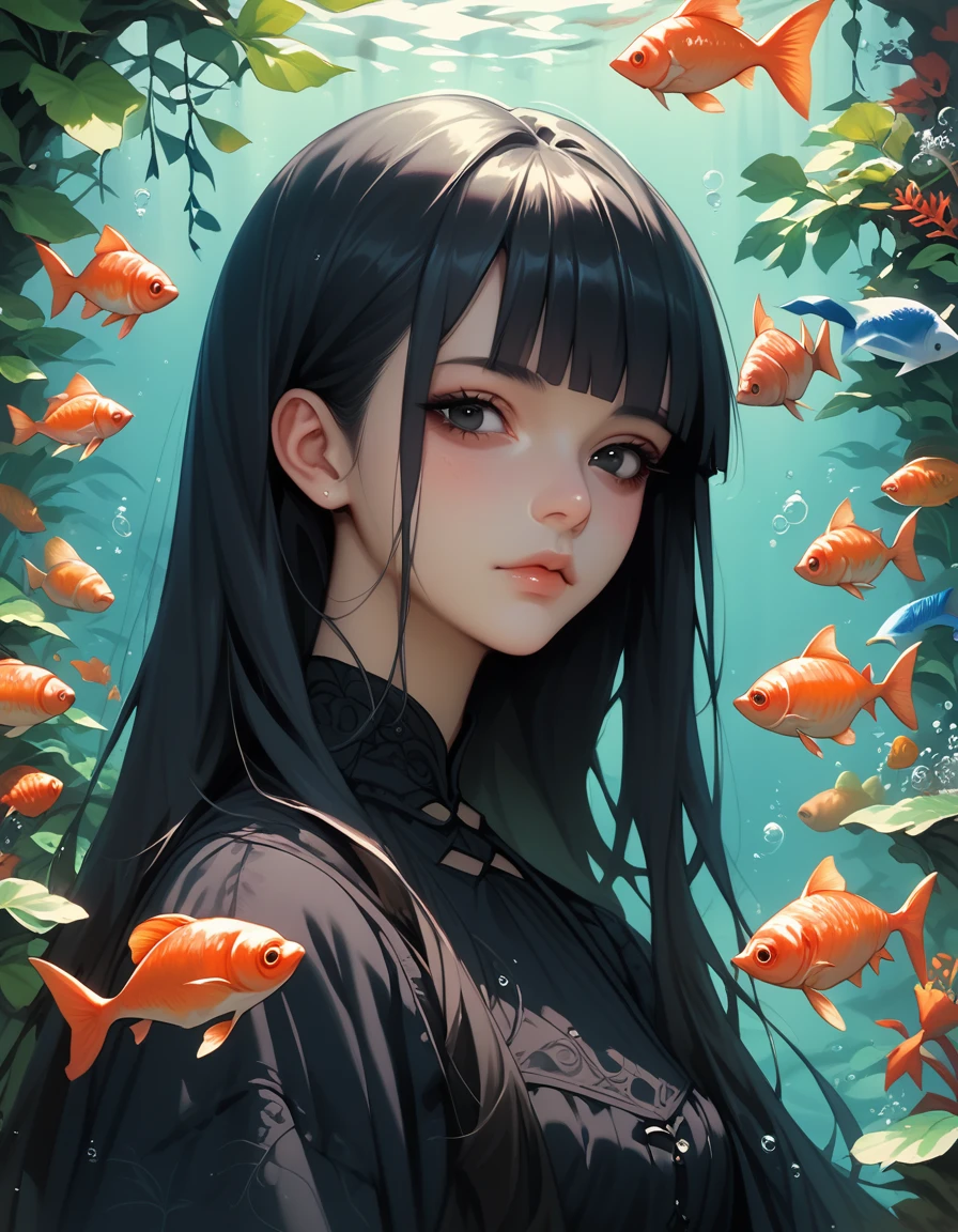 score_9, score_8_up, score_7_up, score_6_up, score_5_up, hara, 1girl, leaf, fish, black hair, bangs, solo, goldfish, portrait, plant, blunt bangs, long hair, black eyes
