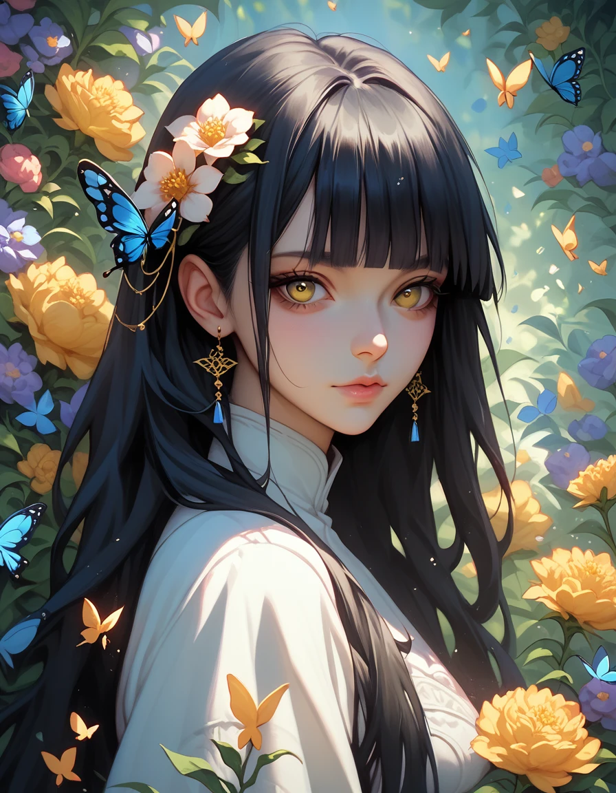 score_9, score_8_up, score_7_up, score_6_up, score_5_up, hara, 1girl, black hair, solo, bangs, long hair, blunt bangs, flowers background, looking at viewer, flower, bug, yellow eyes, portrait, butterfly
