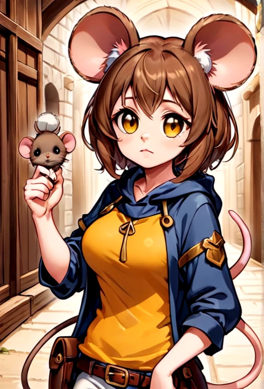 Girl, mouse ears, mouse tail, yellow eyes, brown hair, adventurer, thief, cute, 