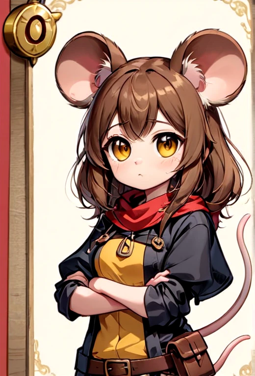 Girl, mouse ears, mouse tail, yellow eyes, brown hair, adventurer, thief, cute, 