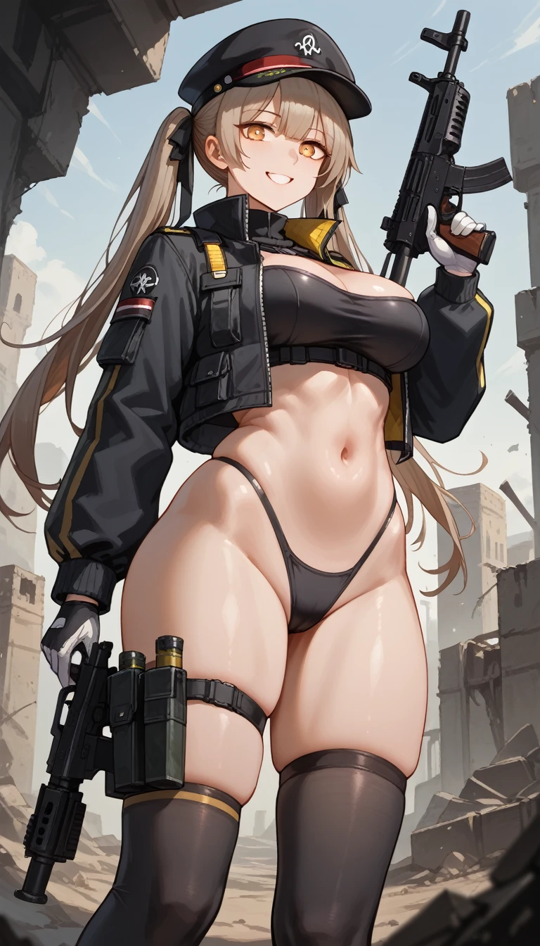 ultra-detailed, 1girl, solo, ump9 _(girls' frontline_), ((masterpiece)), (best quality), (highres), 16K, long hair, twintails, headwear, black jacket, black thong, holster, black thighhighs, busty body, large breasts and a beautiful ass, showcasing cleavage, legs, hips, looking at viewer, submachine gun, holding submachine gun, smile, detailed face, thigh details, detailed hair, detailed whole body, ruins background