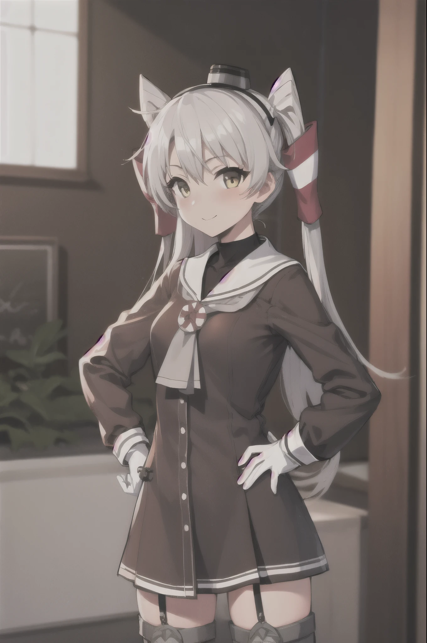 (masterpiece, best quality:1.4), (ultra-detailed:1.2), {illustration,picturesque}, {studio light, picturesque}, [best shadow], HoshiakariCSA
BREAK
(perfect anatomy), (symmetric eyes, ultra-detailed eyes, beautiful eyes), (sharp eyeliner, ultra-detailed face, beautiful face), ((brown|yellow) eyes),
BREAK
nice hands, perfect hands, hand by Guido Daniele,
BREAK
1girl, solo,
BREAK
AmatsukazeKaiNiKC, (KaiNi) dress, (KaiNi) hat, hair tubes, (white) sailor collar, garter straps, (grey) neckerchief, (KaiNi) thighhighs, (white) gloves, (sailor) dress, (long sleeves) dress, (black) dress, (brown) dress, (short) dress, (red) thighhighs, (striped) thighhighs, striped, (right-hand) glove, single glove,
BREAK
looking at viewer, cowboy shot, facing to viewer, smile, blush, (indoor, office, living room), (arms on hip),
BREAK
