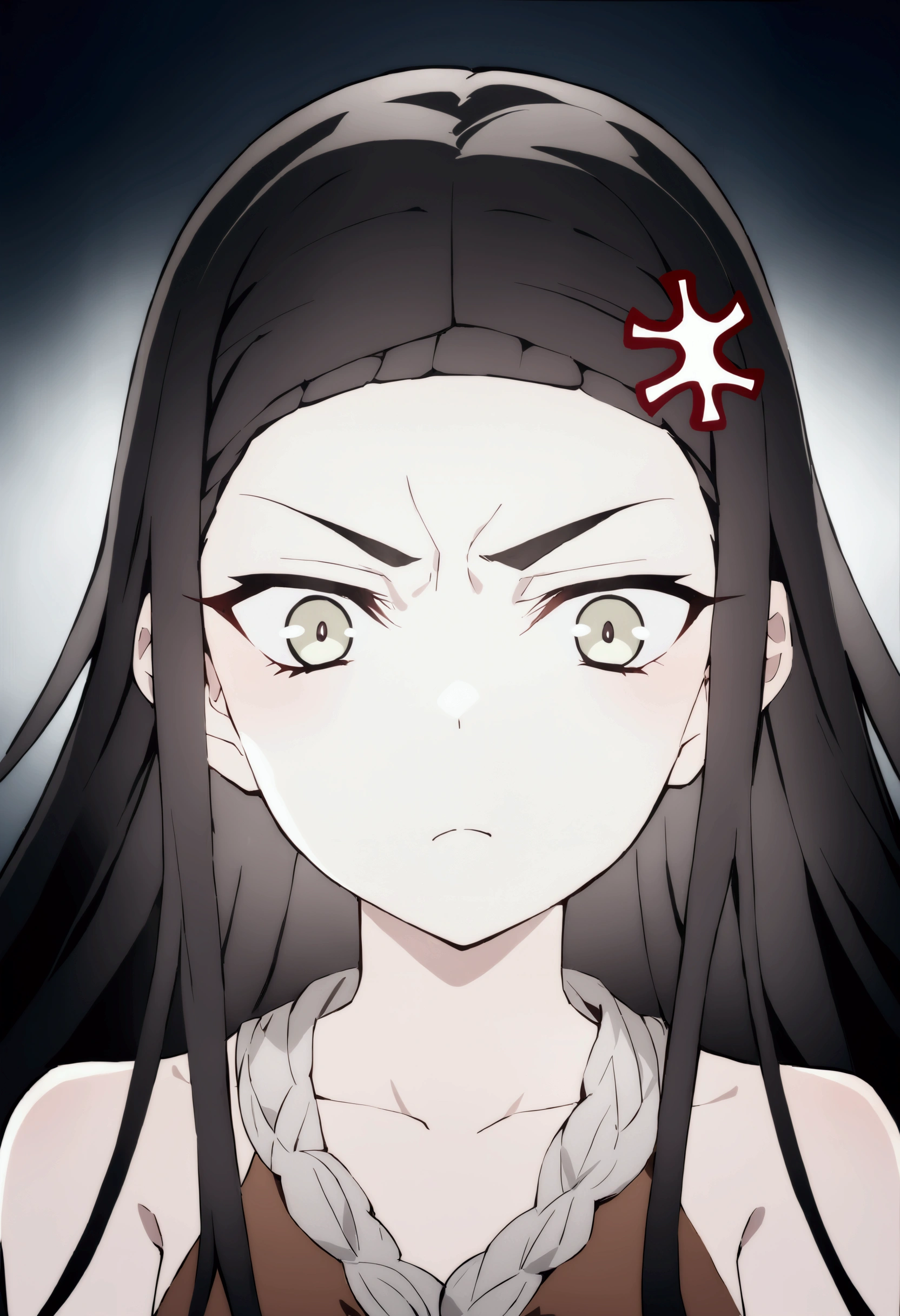 an indigenous Brazilian girl in the anime style with black, long, straight hair and bangs. eyes black and expressive of anger. looking , skinny but pretty.