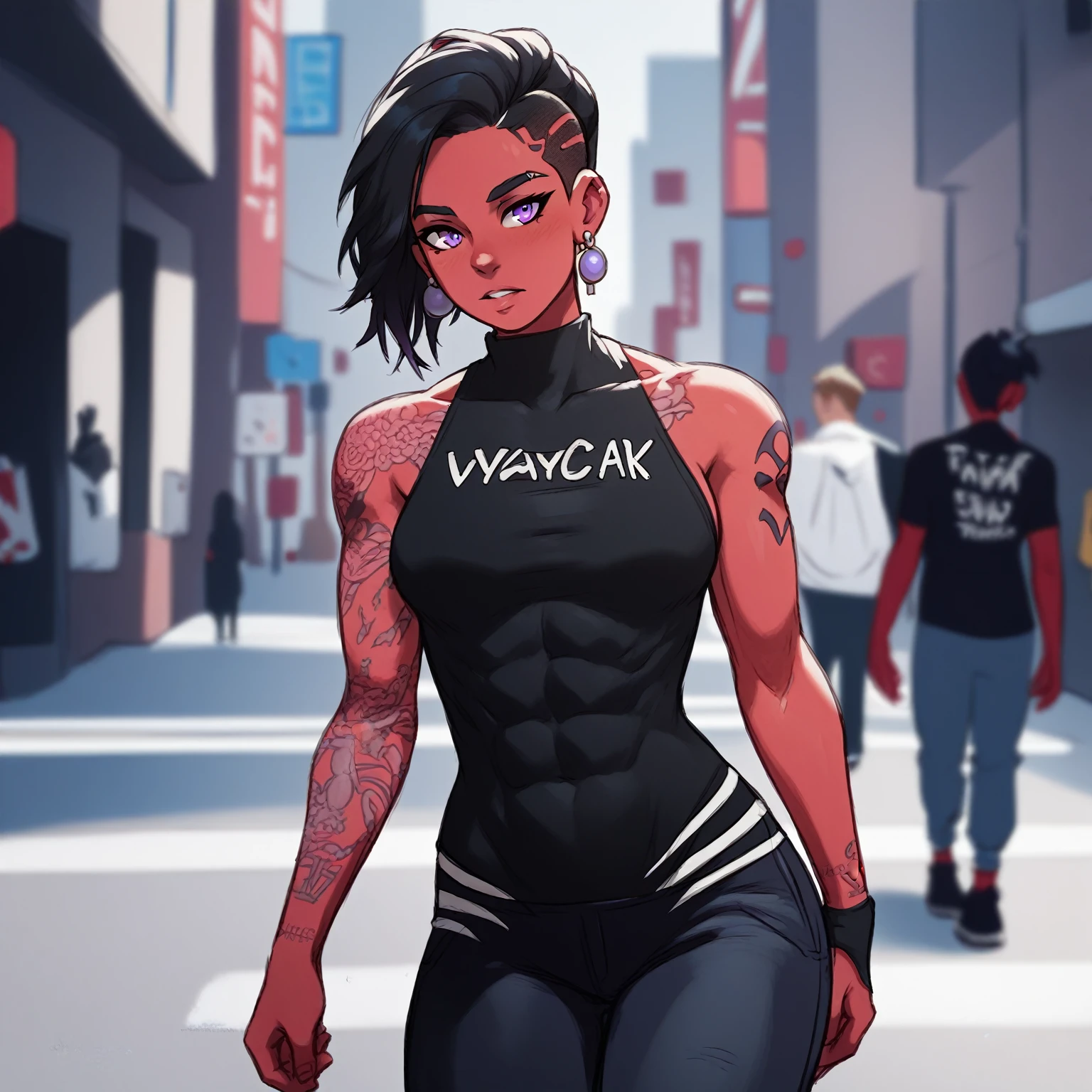 young woman with red skin, black hair, purple eyes puts on a streetwear winter clothings. Athletic body, muscular arms,, She is tall, earrings, street tattoos, she walks downtown, New York City,sketch