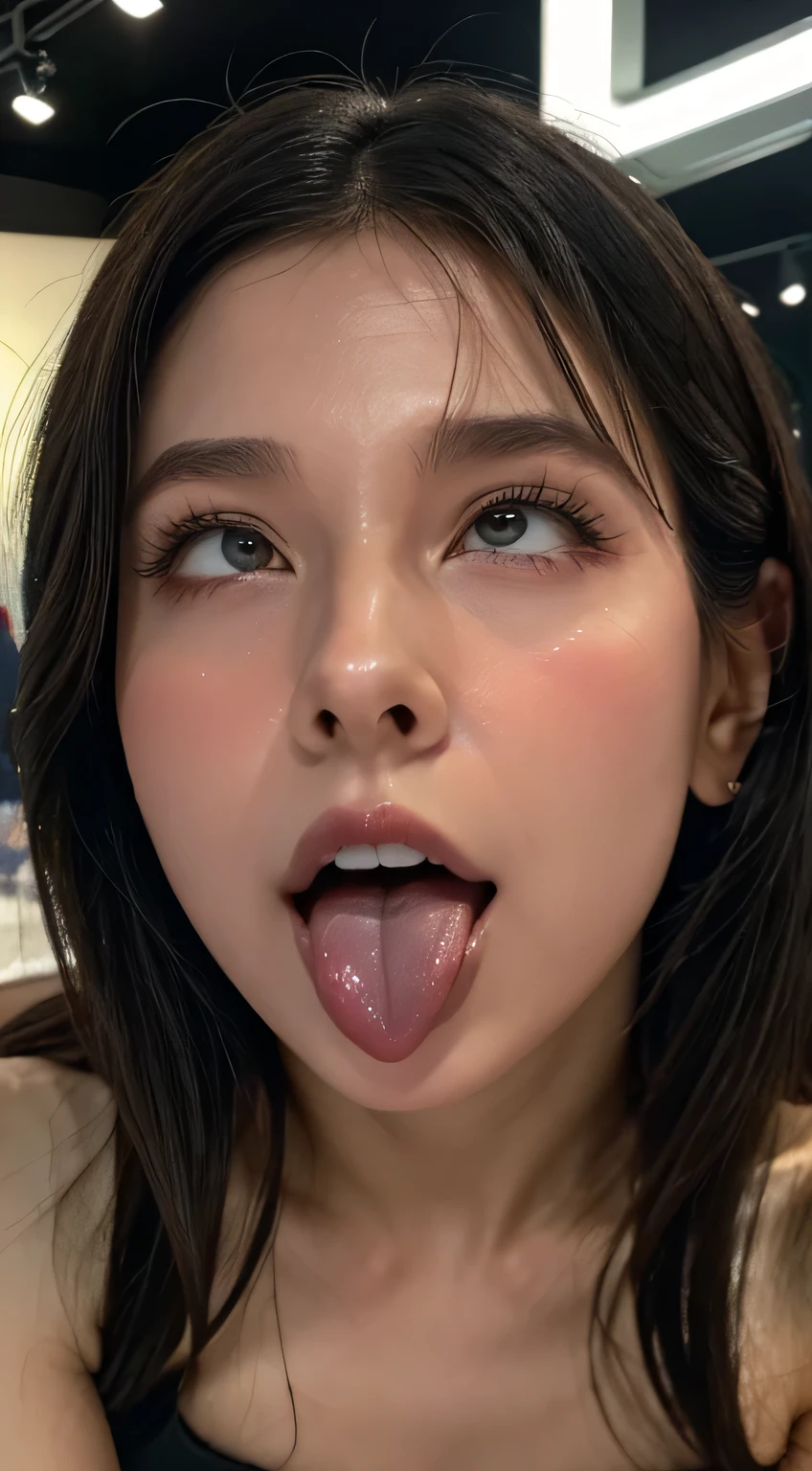 Tabletop,,Award-winning photo, Very detailed, Focus on the eyes, Nose and mouth,Face Focus, Face close-up、Woman with open mouth and closed eyes, Black camisole、20 years old,Black-haired、Symmetrical face,Realistic nostrils、Angle from below、Long, thin, C-shaped nose NSFW,Inside the Chanel store、Sweaty skin、Sweaty, Lighting that highlights shiny skin、((Sharp Nose))Sweaty, shiny skin、Glowing Skin、Sweaty hair、Looking up at the audience,Long Tongue、