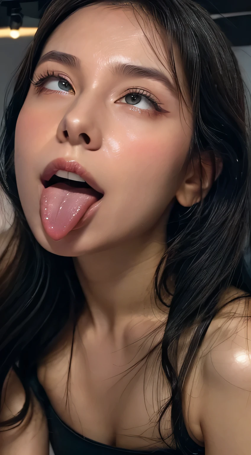 Image of a woman,、Face close-up、Smooth Skin、masterpiece、Highest quality、8K Photo、((close your eyes and open your mouth slightly))、close your eyes、Suffering face、(Wrinkles around the eyes:1.2),woman, 2, Tank top、length, Pointed nose,,,,,,,,,,,,,,,Strong Nose、length, Narrow nostrils、Skin shiny with sweat、Lighting that highlights shiny sweat{Realistic nostrils}, Black-haired、((Bushes along the wall of a field))、Shapely breasts、(Super wet skin),((Ahegao,Sticking out a long tongue))(Close enough to kiss)