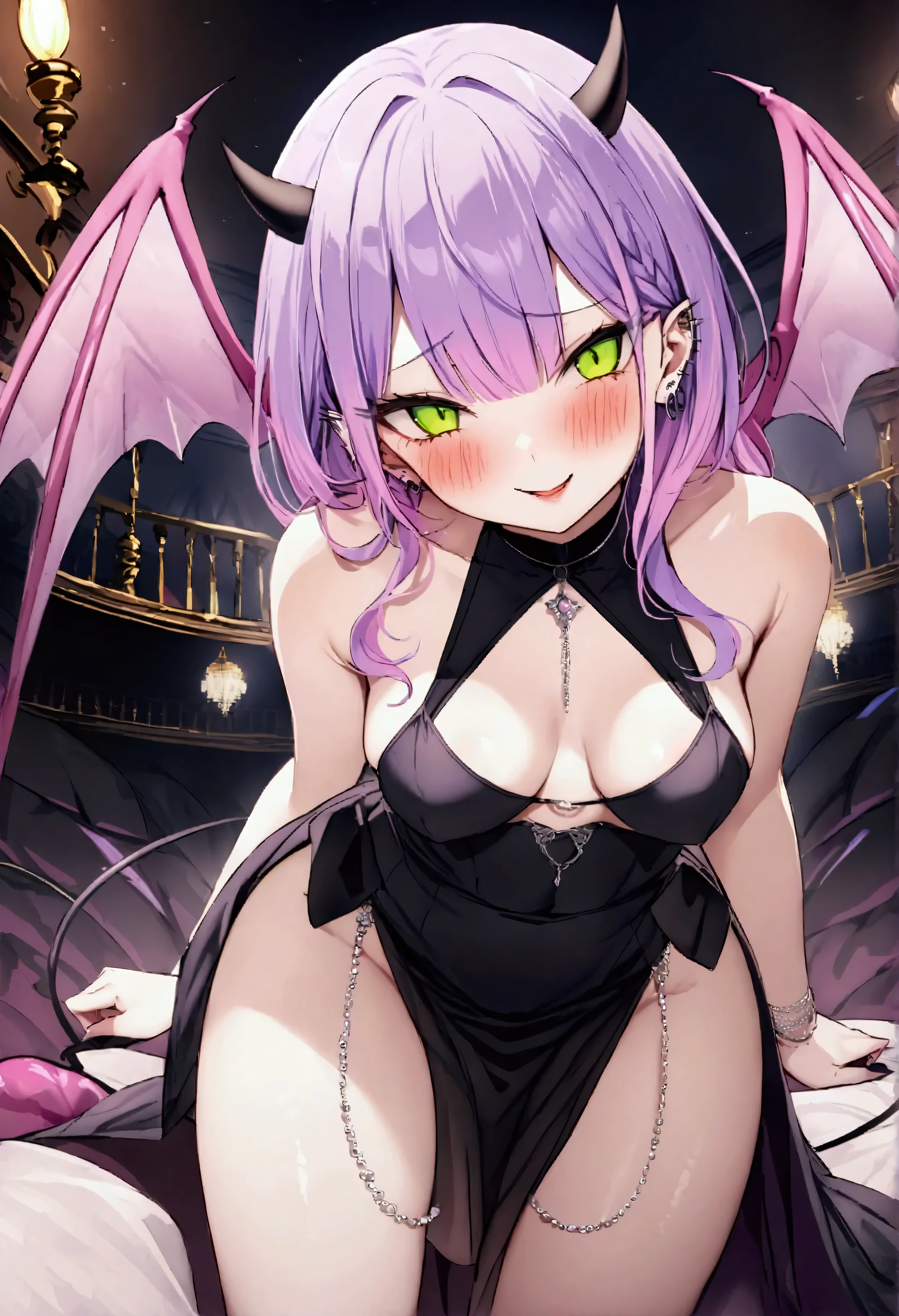 NSFW,masterpiece,Best Quality,High resolution,Very detailed,Towa Tokoyami\(Hove\),Purple Hair,Green Eyes,Evening Dresses,Chest cut-in,Devil horns、Devil&#39;s Wings、Devil&#39;s Tail、Ear Piercing,(Prostitute),Luxurious mansion,Party Venue,chandelier,Bad Smile,blush,Seduce,Femme fatale,Sexy pose,(Ugly Men),Excited,Spread your legs