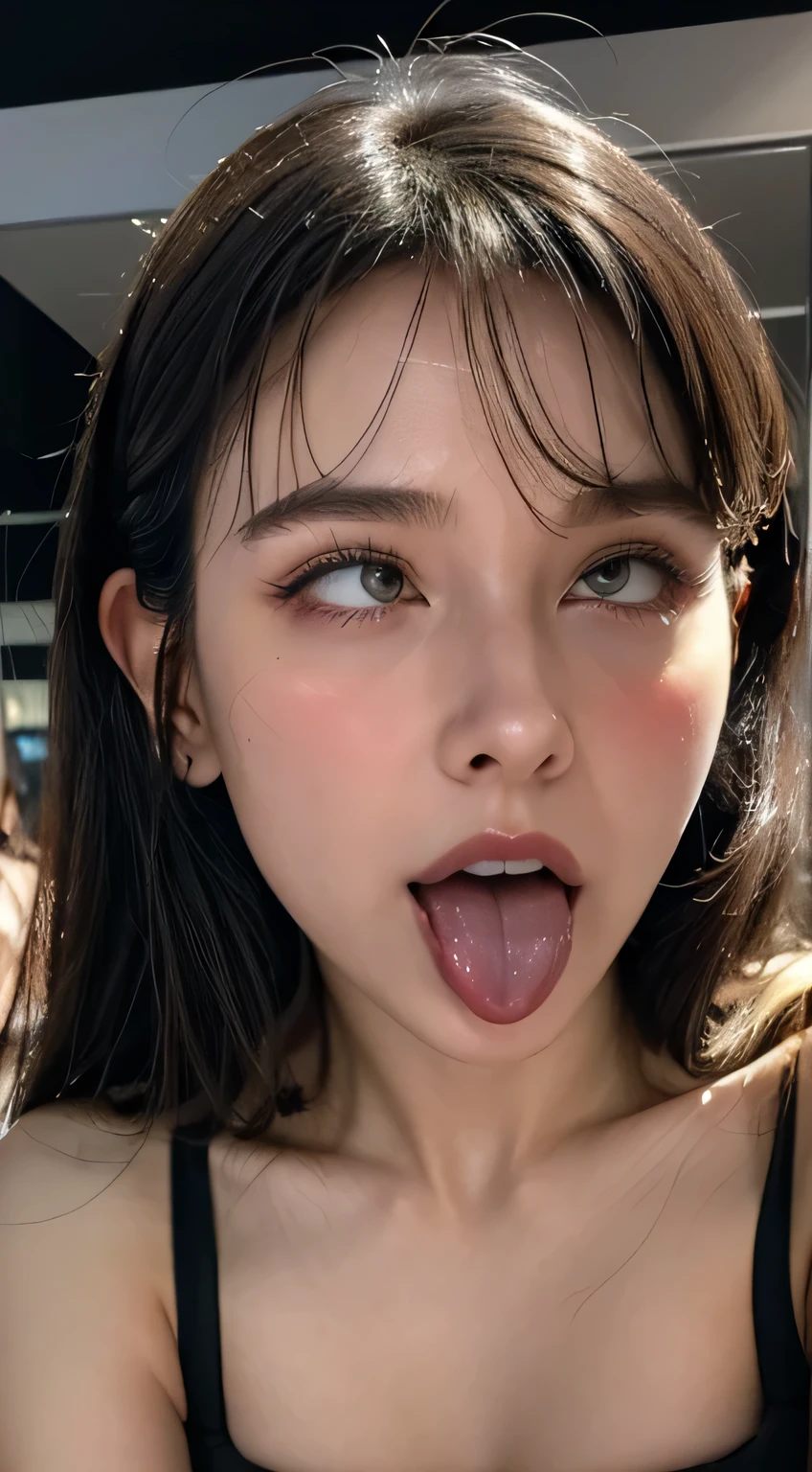 Tabletop,,Award-winning photo, Very detailed, Focus on the eyes, Nose and mouth,Face Focus, Face close-up、Woman with open mouth and closed eyes, Black camisole、20 years old,Black-haired、Symmetrical face,Realistic nostrils、Angle from below、Long, thin, C-shaped nose NSFW,Inside the Chanel store、Sweaty skin、Sweaty, Lighting that highlights shiny skin、((Sharp Nose))Sweaty, shiny skin、Glowing Skin、Sweaty hair、Looking up at the audience,Long Tongue、