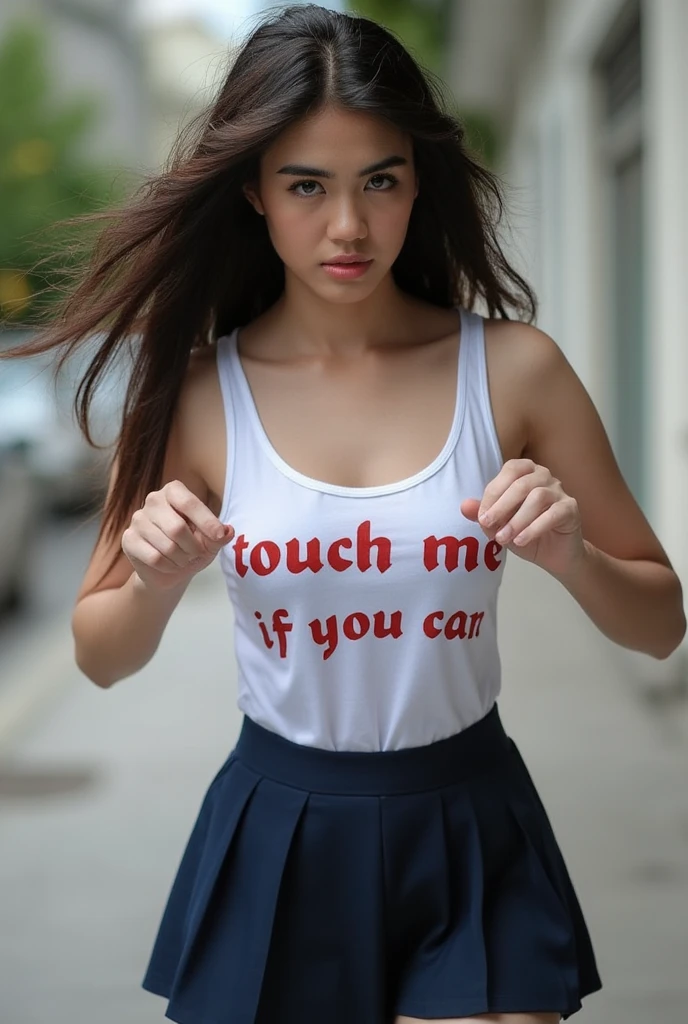 Captured at eye-level, a medium-sized young woman with long dark brown hair, wearing a white fitted singlet and a navy skimpy pleated miniskirt. The woman's shirt reads "Touch Me" in bold red letters, "If You Can" in black letters. Dynamic pose The background is blurred, with a building on the right side of the frame. 