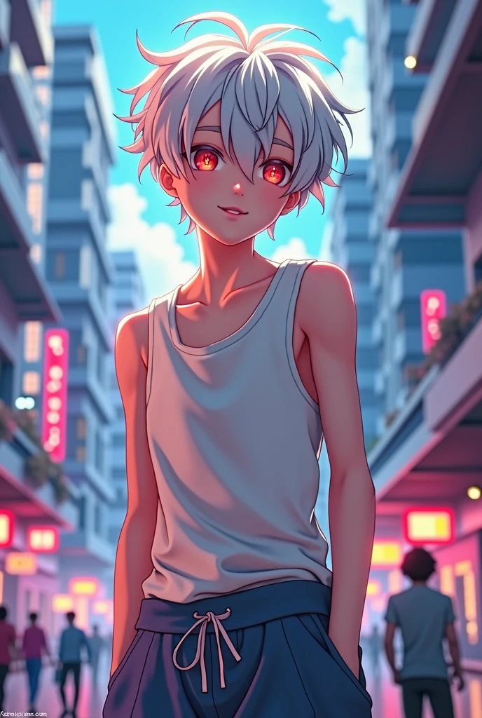 **I'm a skinny 16-year-old gay anime boy,with provocative clothing, sexy and revealing, with freckles and strangely white hair, heterochromia and a very innocent attitude*